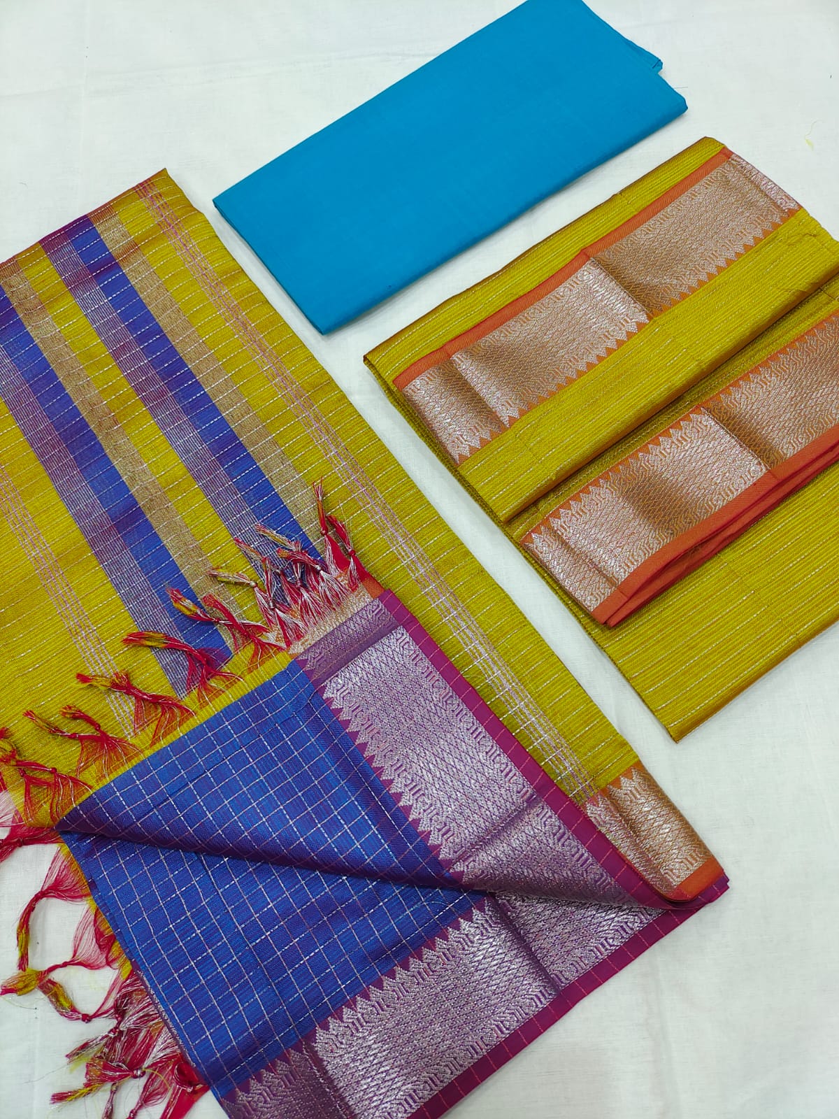 Mangalagiri pattu silver zari border dress material set (unstitched)
