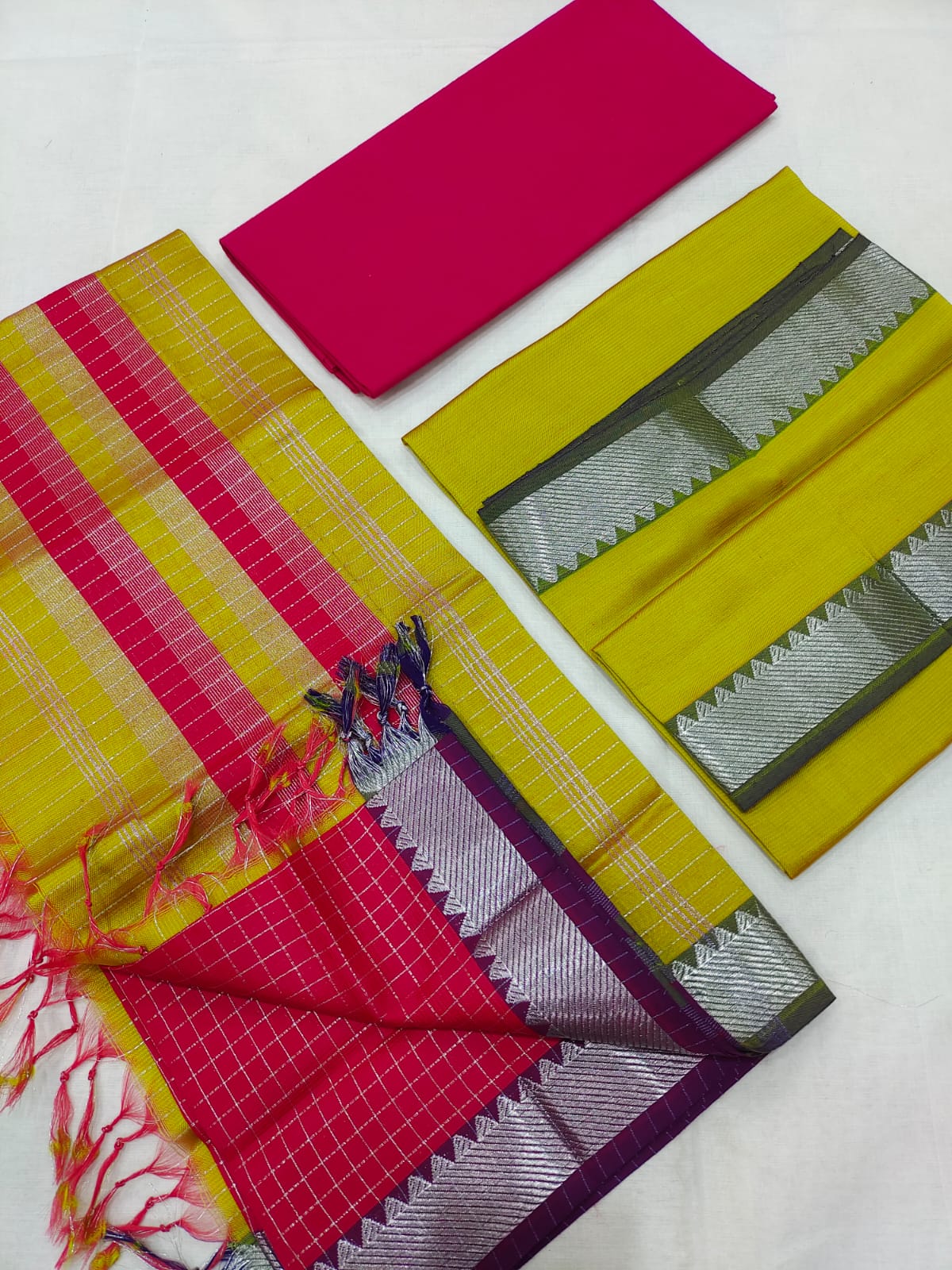 Mangalagiri pattu silver zari border dress material set (unstitched)