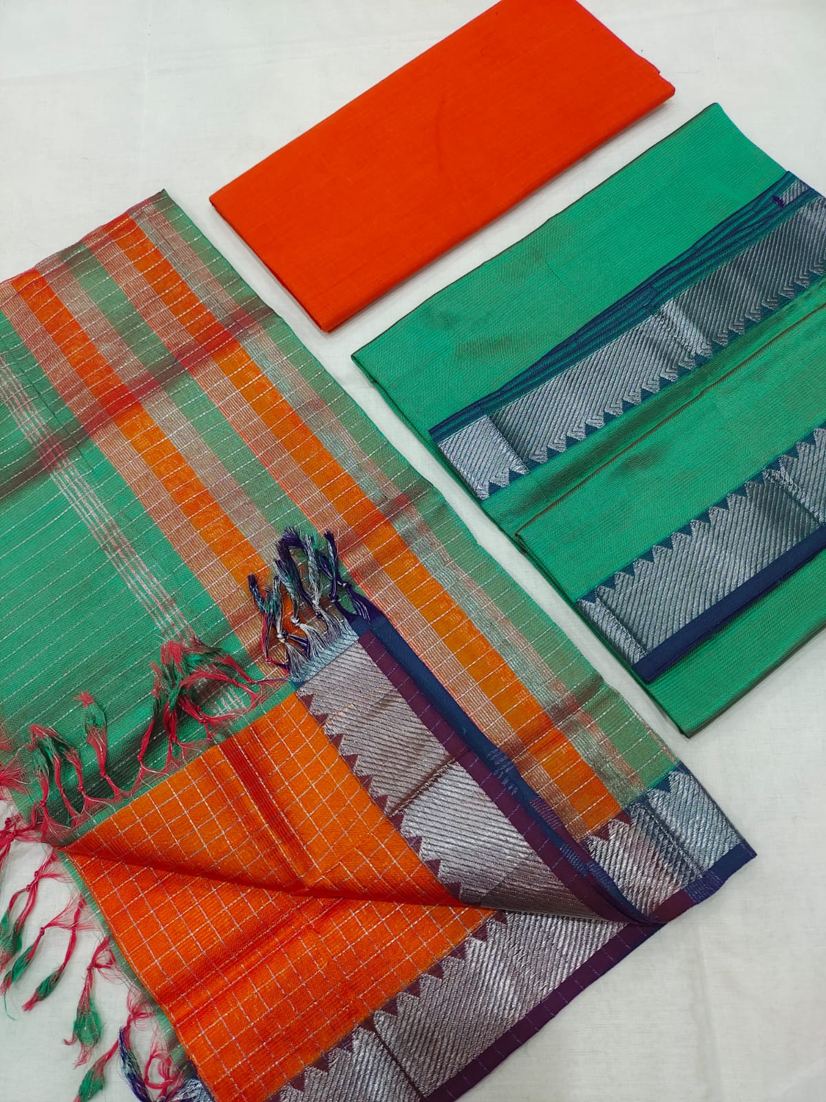 Mangalagiri pattu silver zari border dress material set (unstitched)