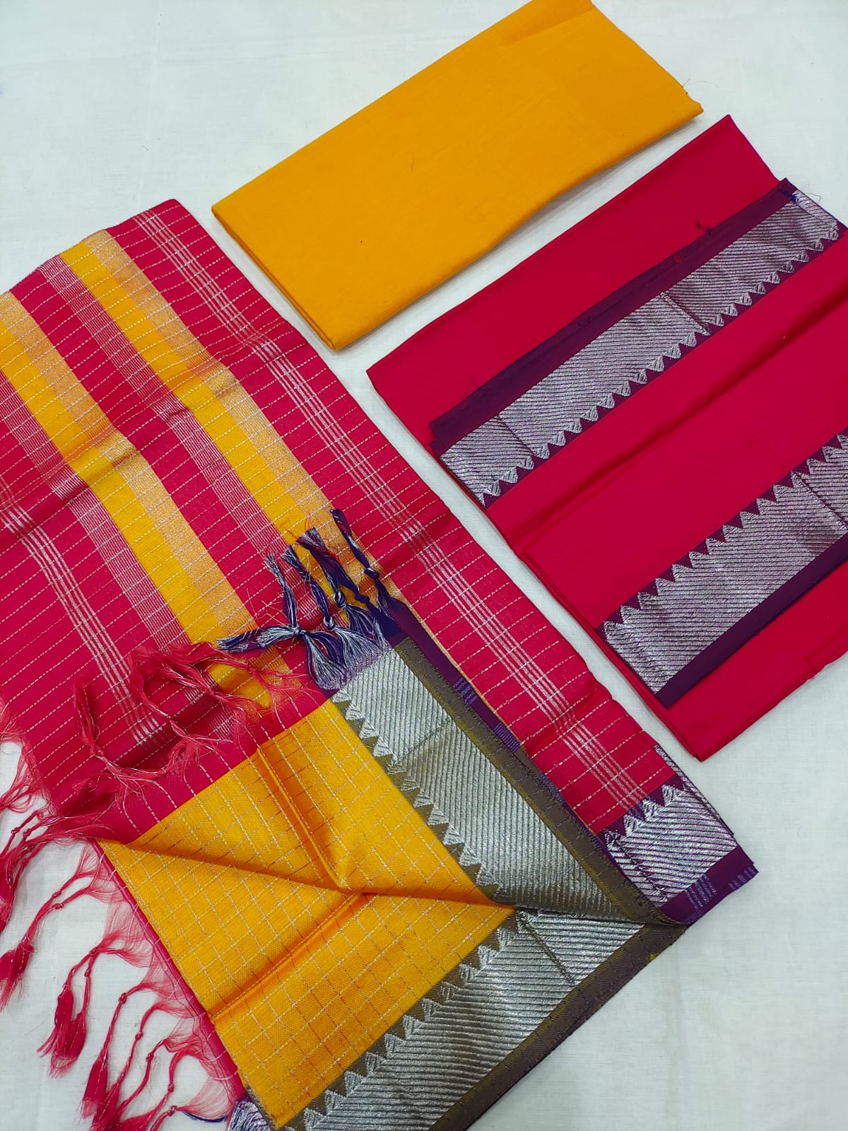 Mangalagiri pattu silver zari border dress material set (unstitched)