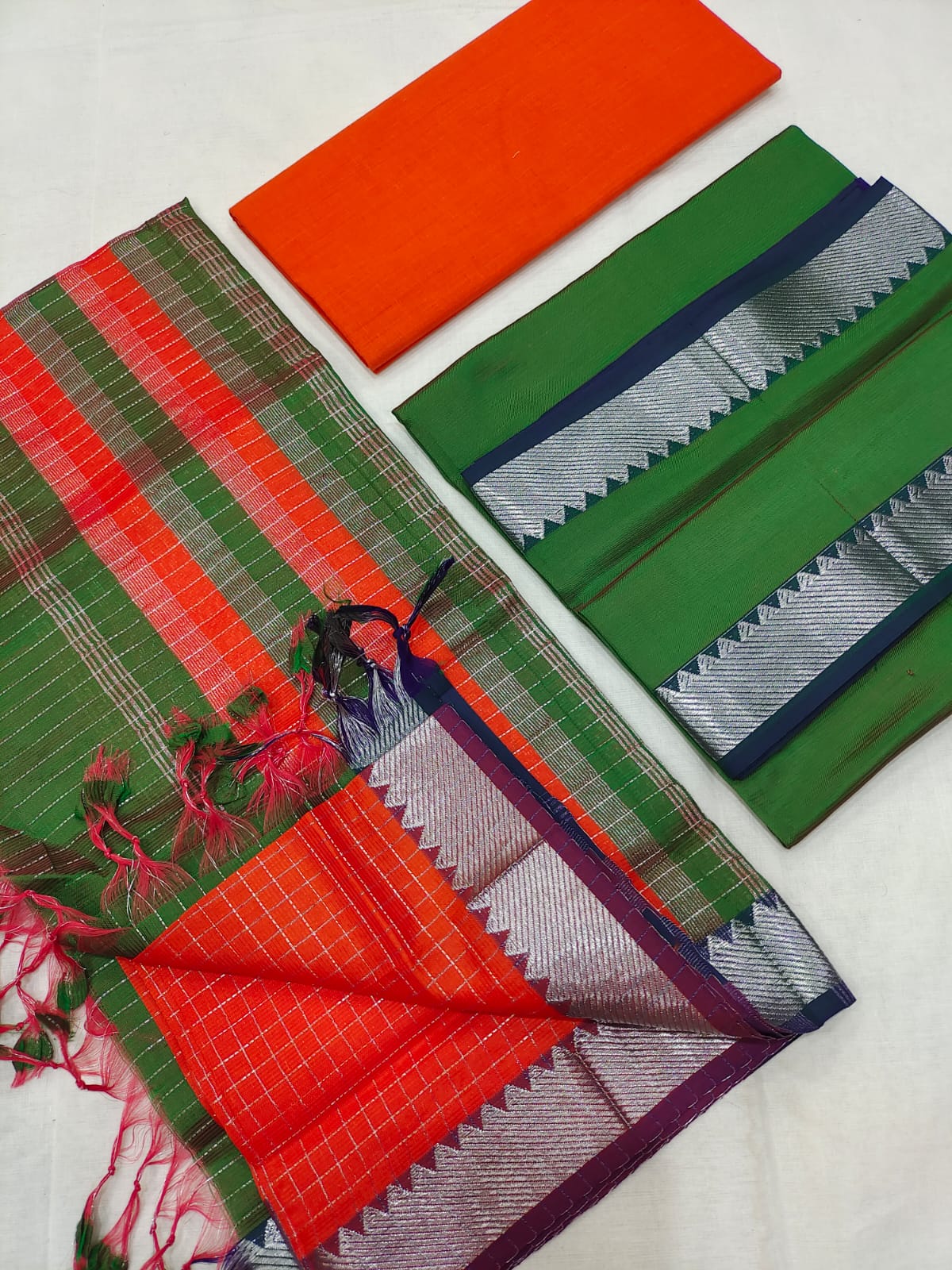 Mangalagiri pattu silver zari border dress material set (unstitched)