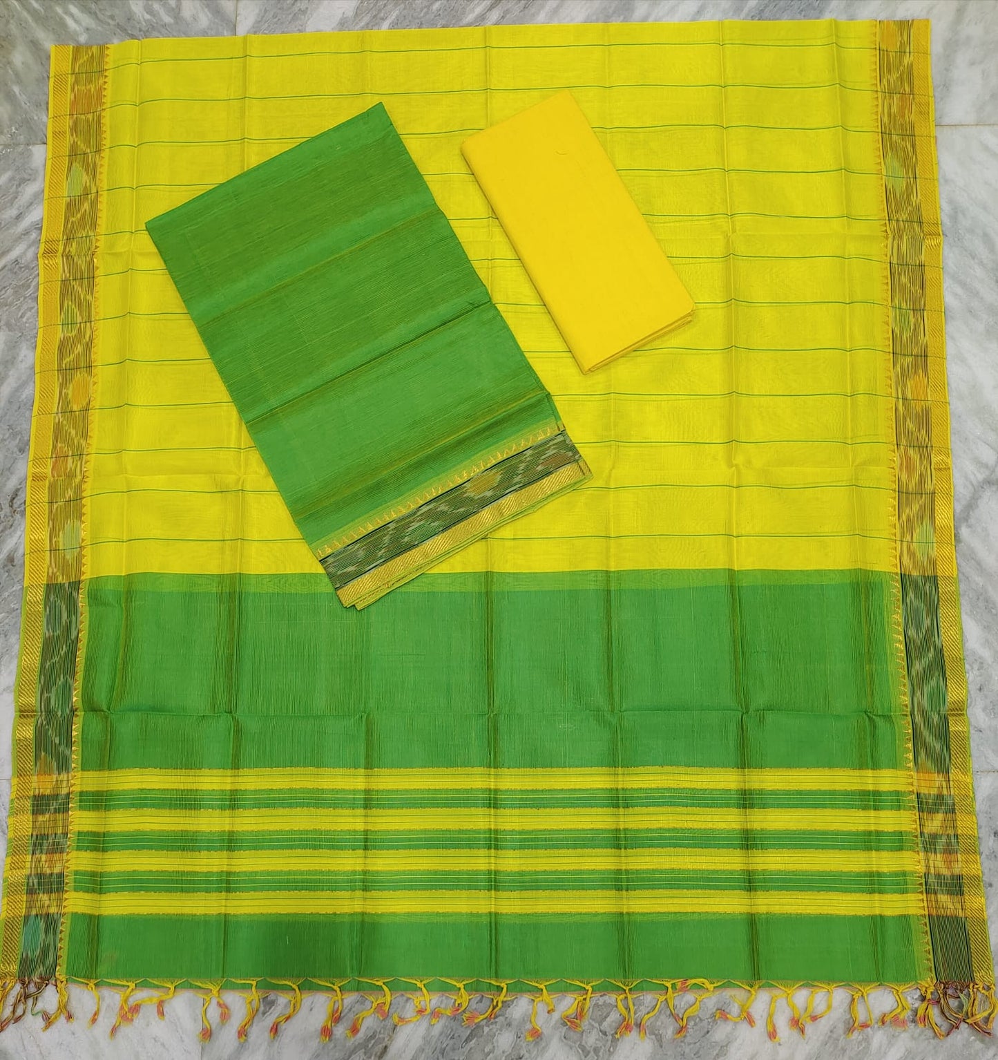Mangalagiri pattu two side pochampalli zari border dress material set