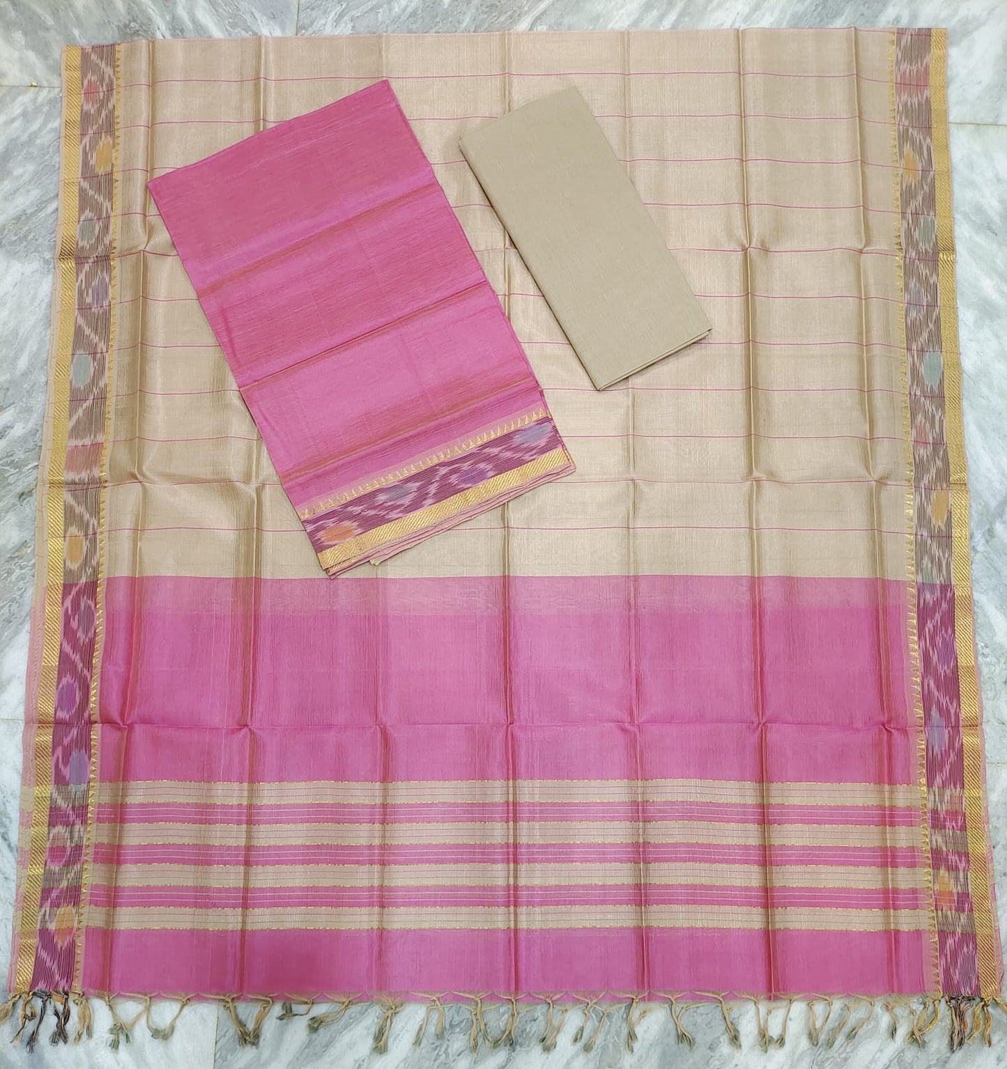 Mangalagiri pattu two side pochampalli zari border dress material set