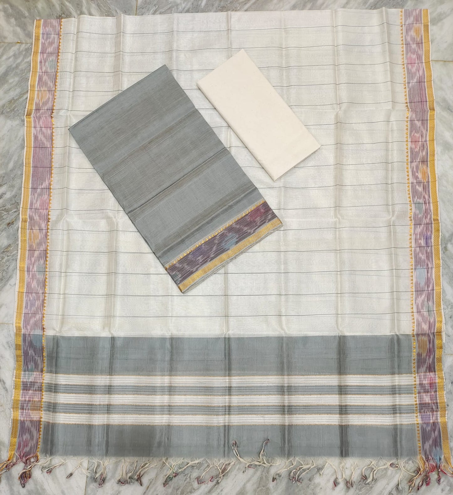 Mangalagiri pattu two side pochampalli zari border dress material set