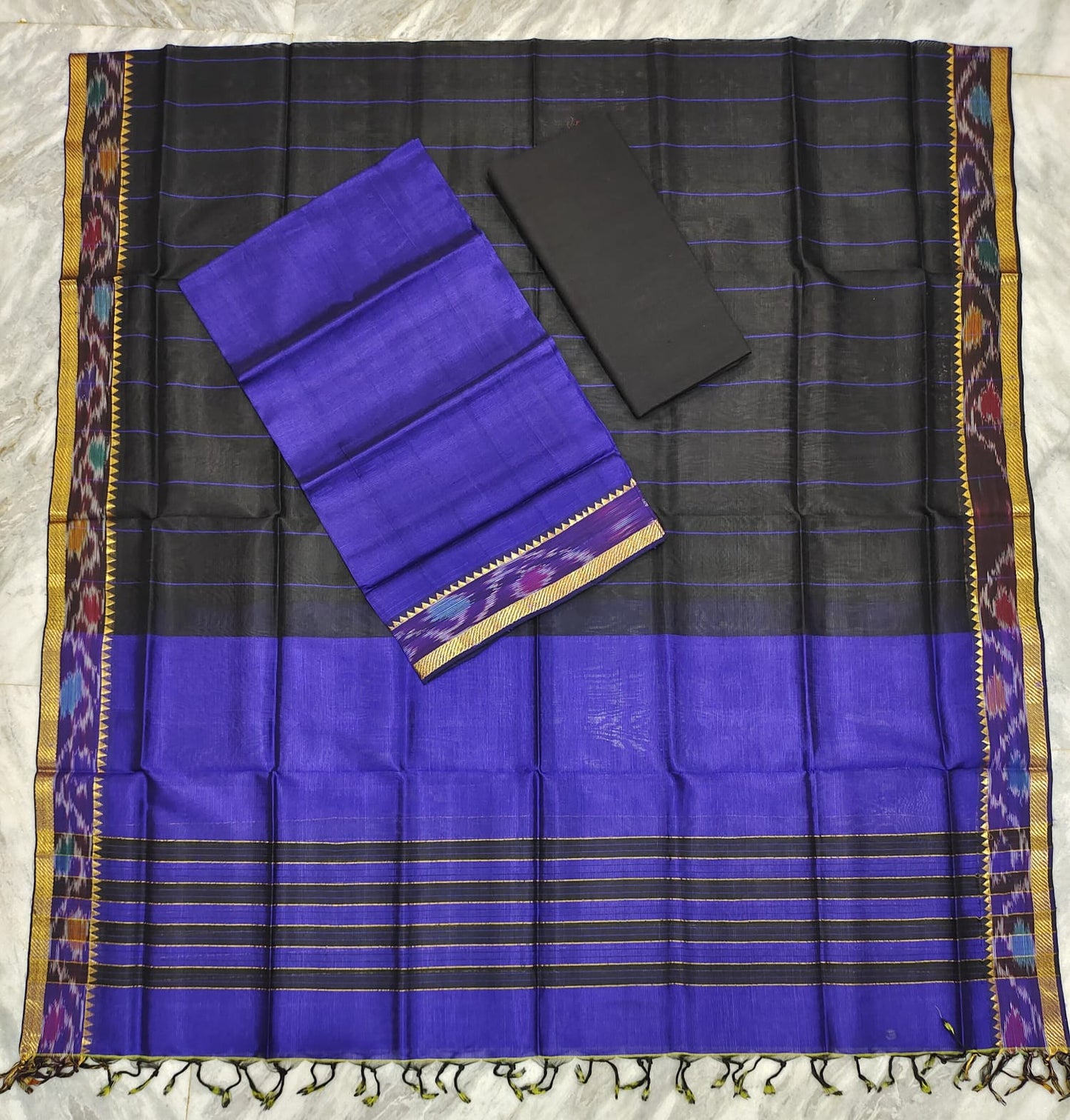 Mangalagiri pattu two side pochampalli zari border dress material set