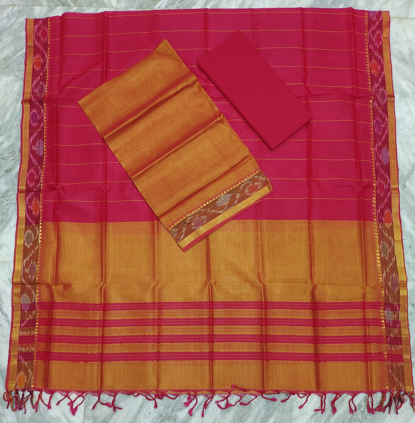 Mangalagiri pattu two side pochampalli zari border dress material set