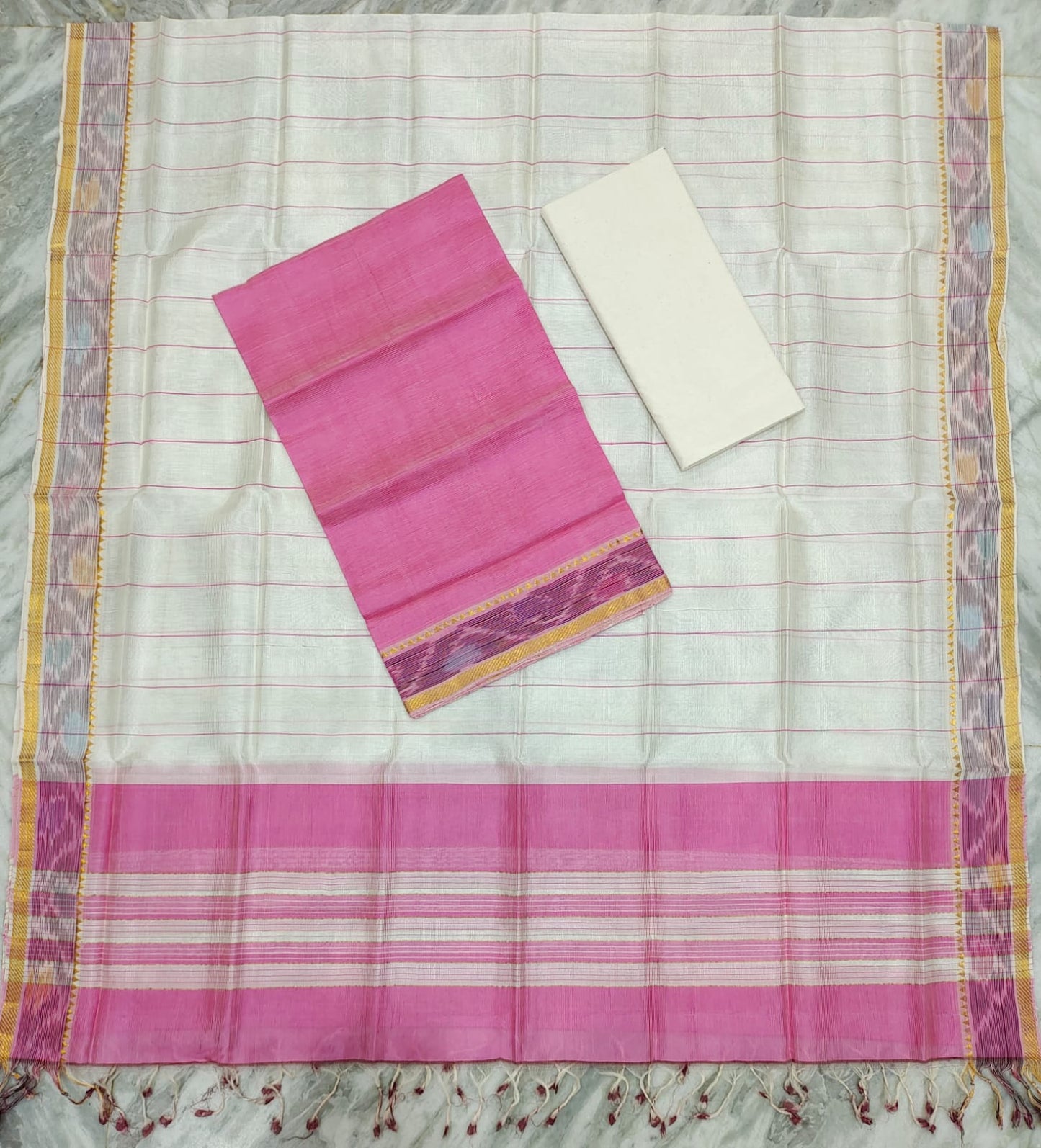 Mangalagiri pattu two side pochampalli zari border dress material set