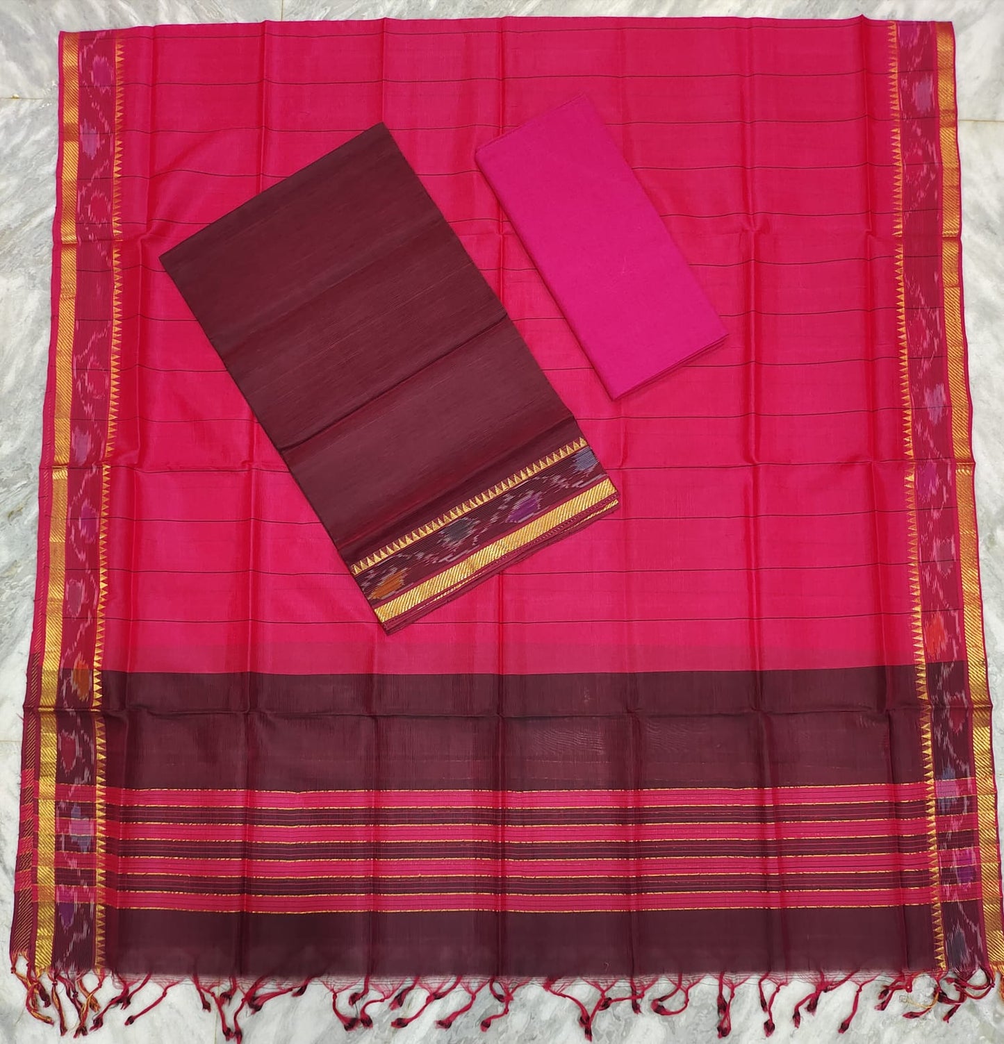 Mangalagiri pattu two side pochampalli zari border dress material set
