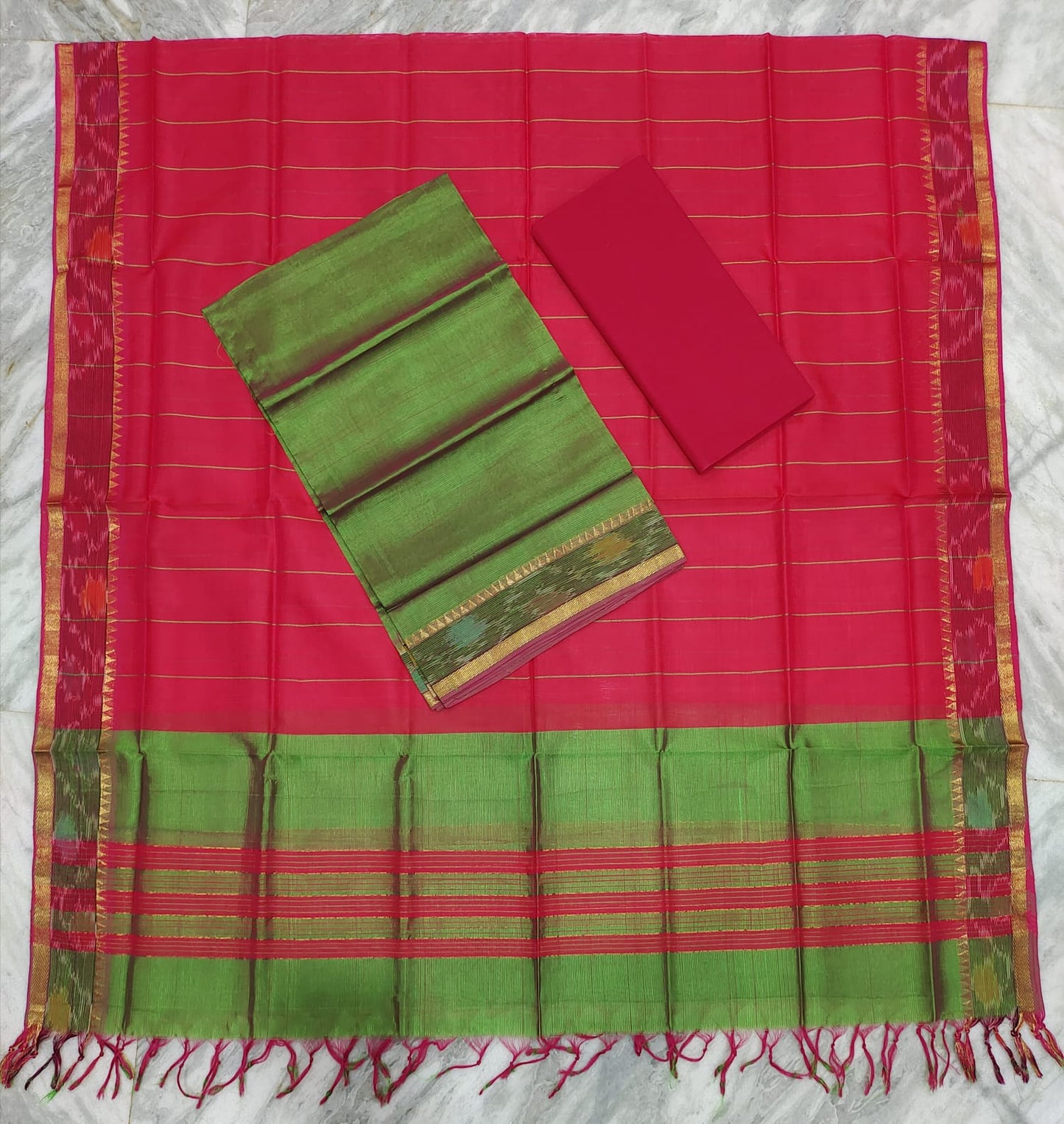 Mangalagiri pattu two side pochampalli zari border dress material set