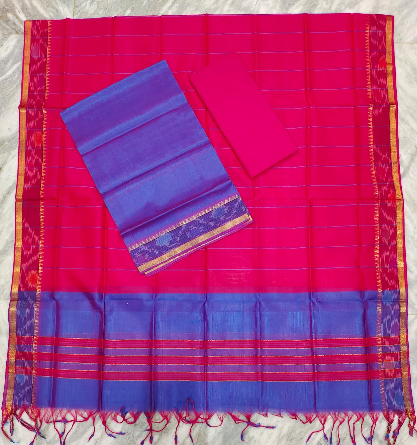 Mangalagiri pattu two side pochampalli zari border dress material set