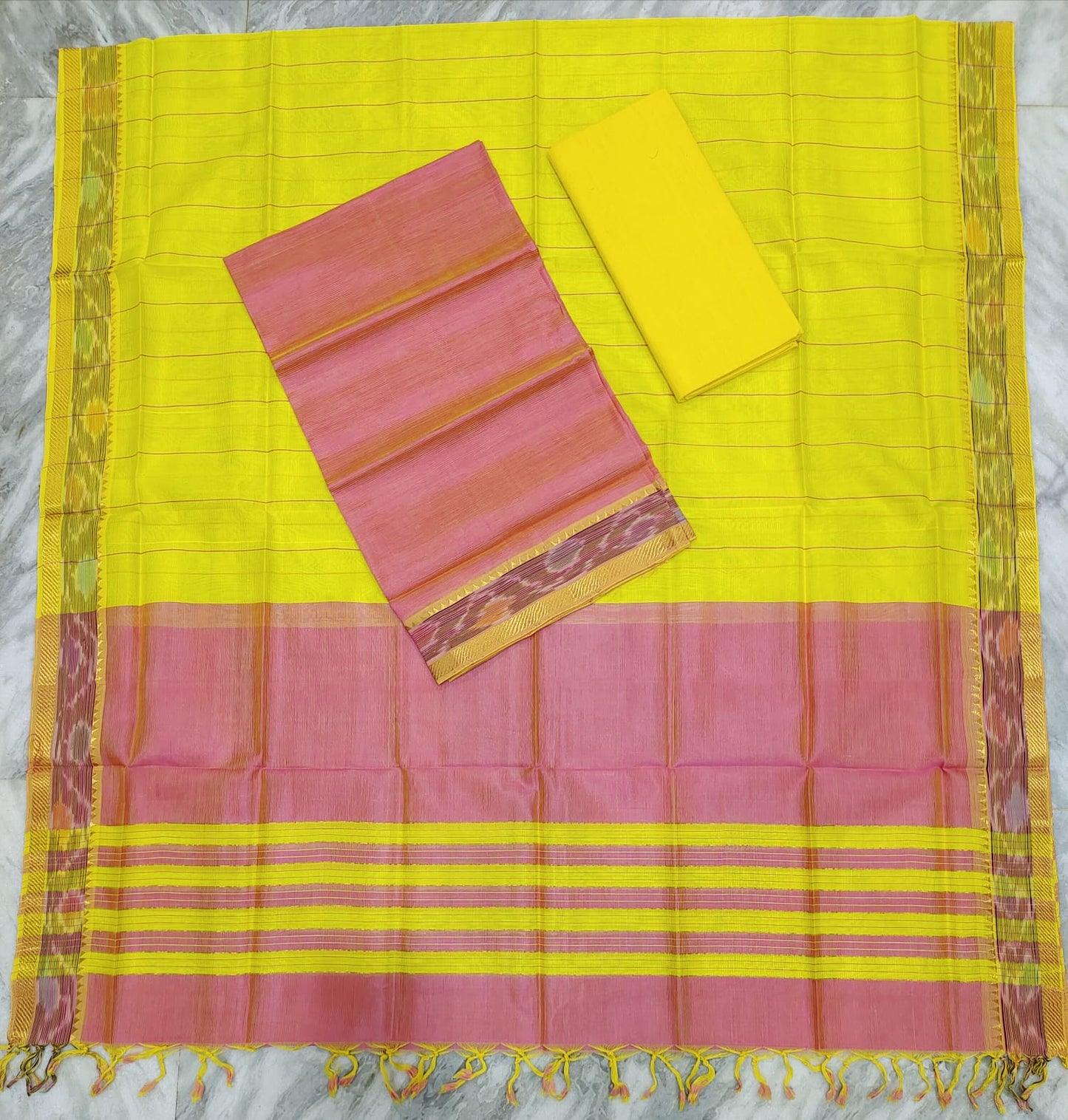 Mangalagiri pattu two side pochampalli zari border dress material set