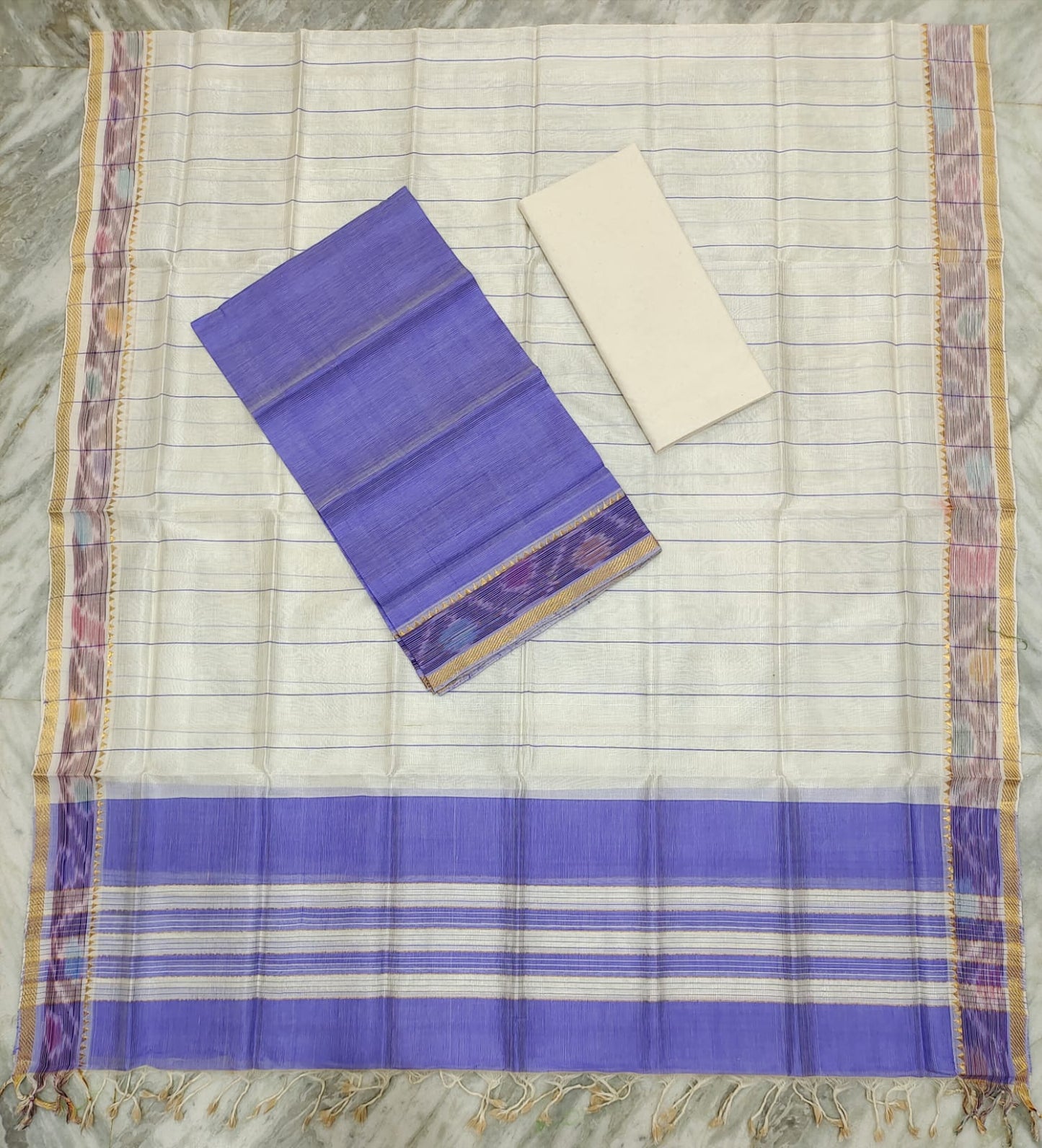 Mangalagiri pattu two side pochampalli zari border dress material set