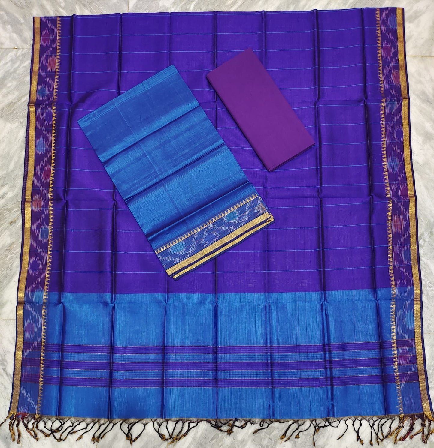 Mangalagiri pattu two side pochampalli zari border dress material set