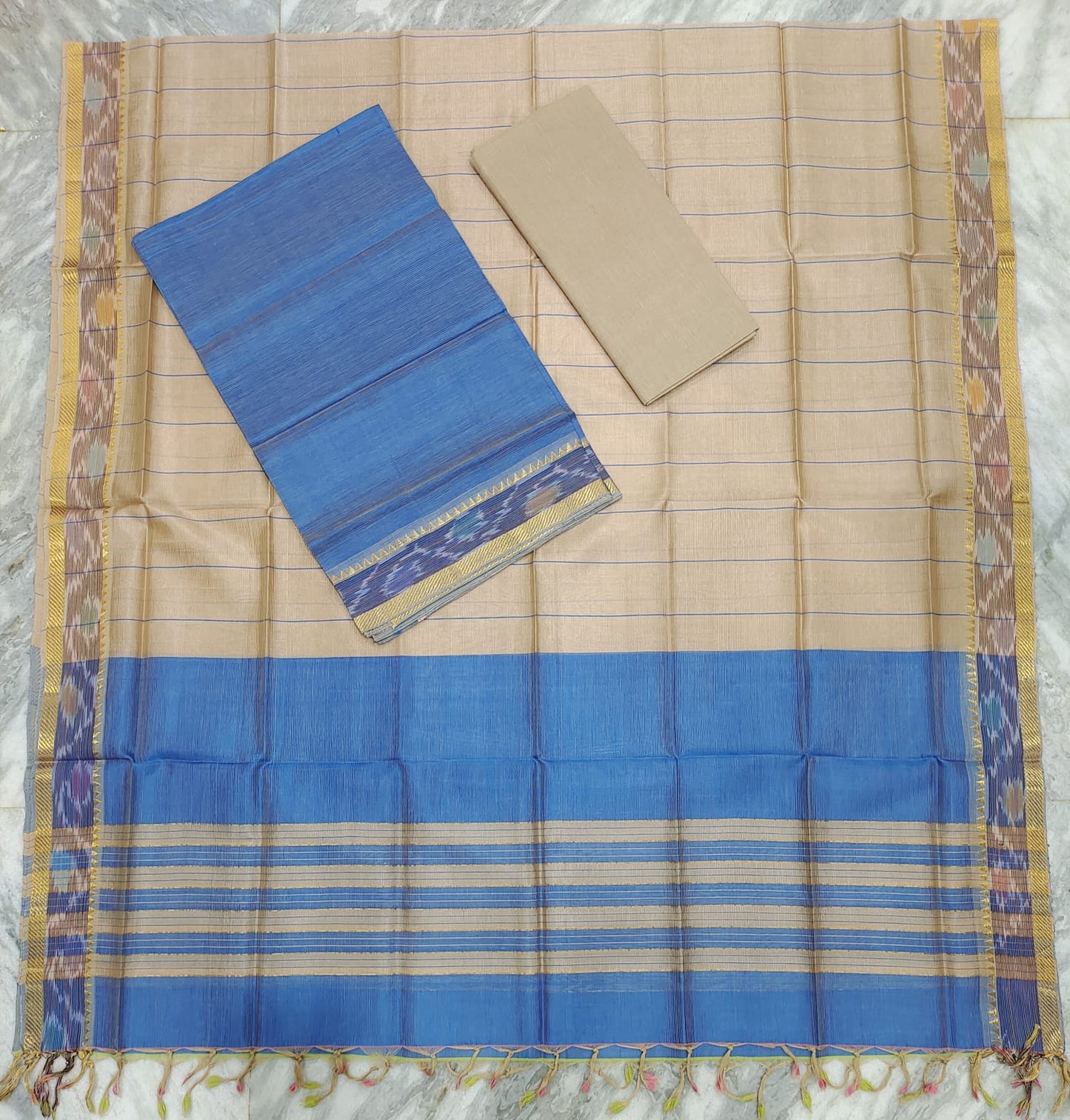 Mangalagiri pattu two side pochampalli zari border dress material set