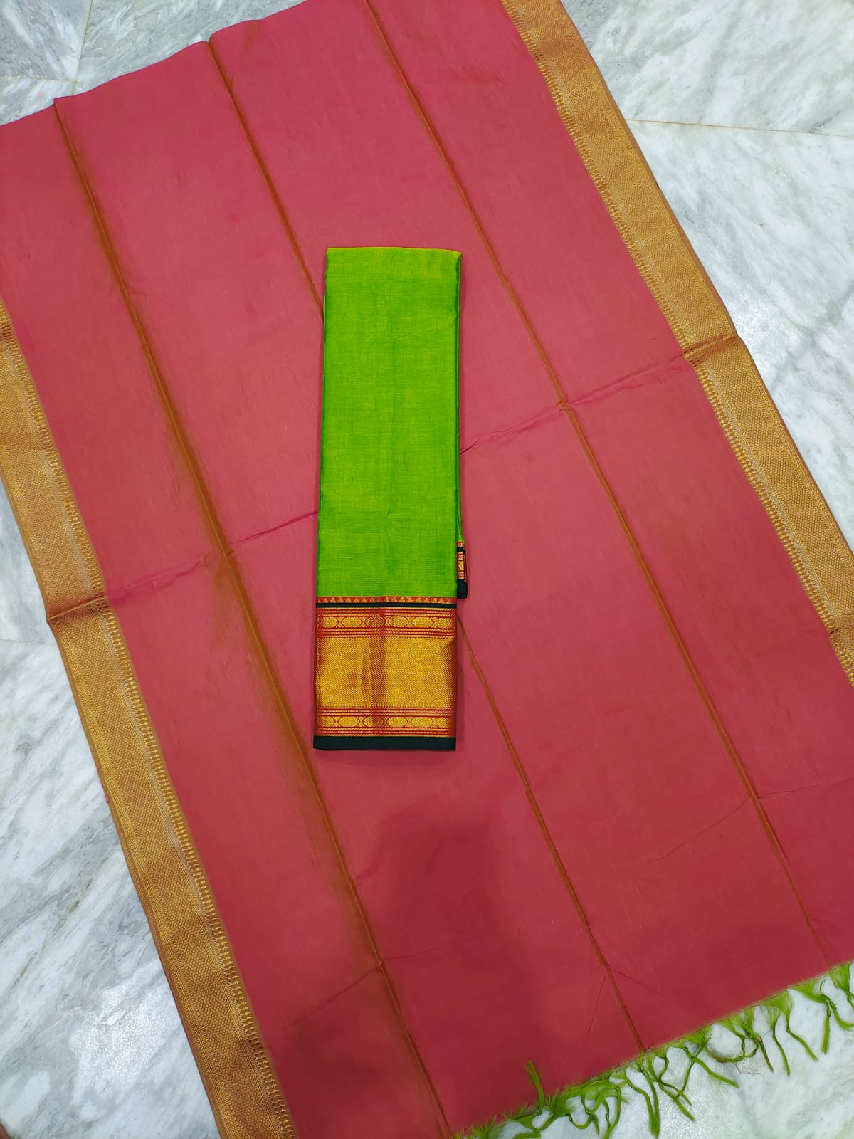 Mangalagiri pattu voni with zari border and cotton lehenga jacket set