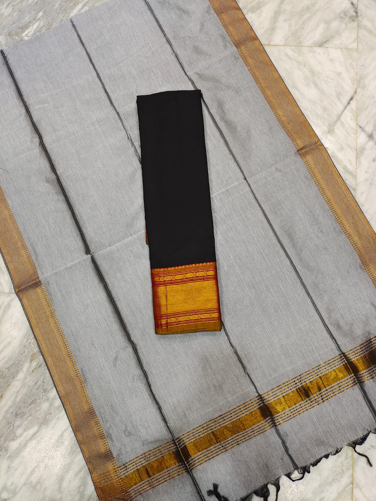Mangalagiri pattu voni with zari border and cotton lehenga jacket set