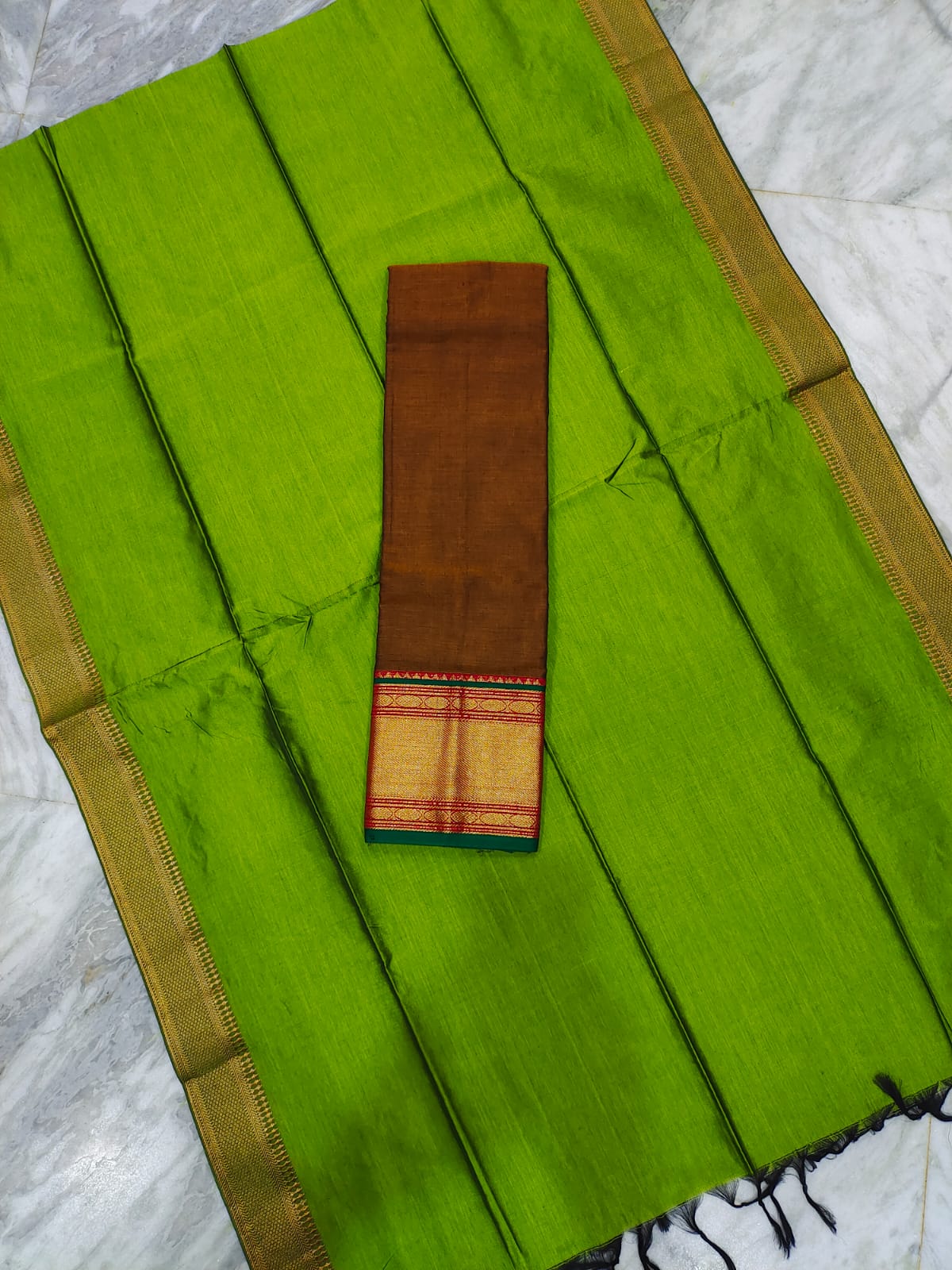 Mangalagiri pattu voni with zari border and cotton lehenga jacket set