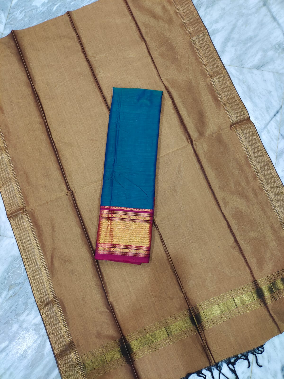 Mangalagiri pattu voni with zari border and cotton lehenga jacket set