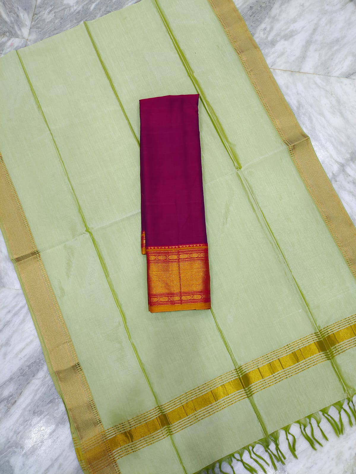 Mangalagiri pattu voni with zari border and cotton lehenga jacket set