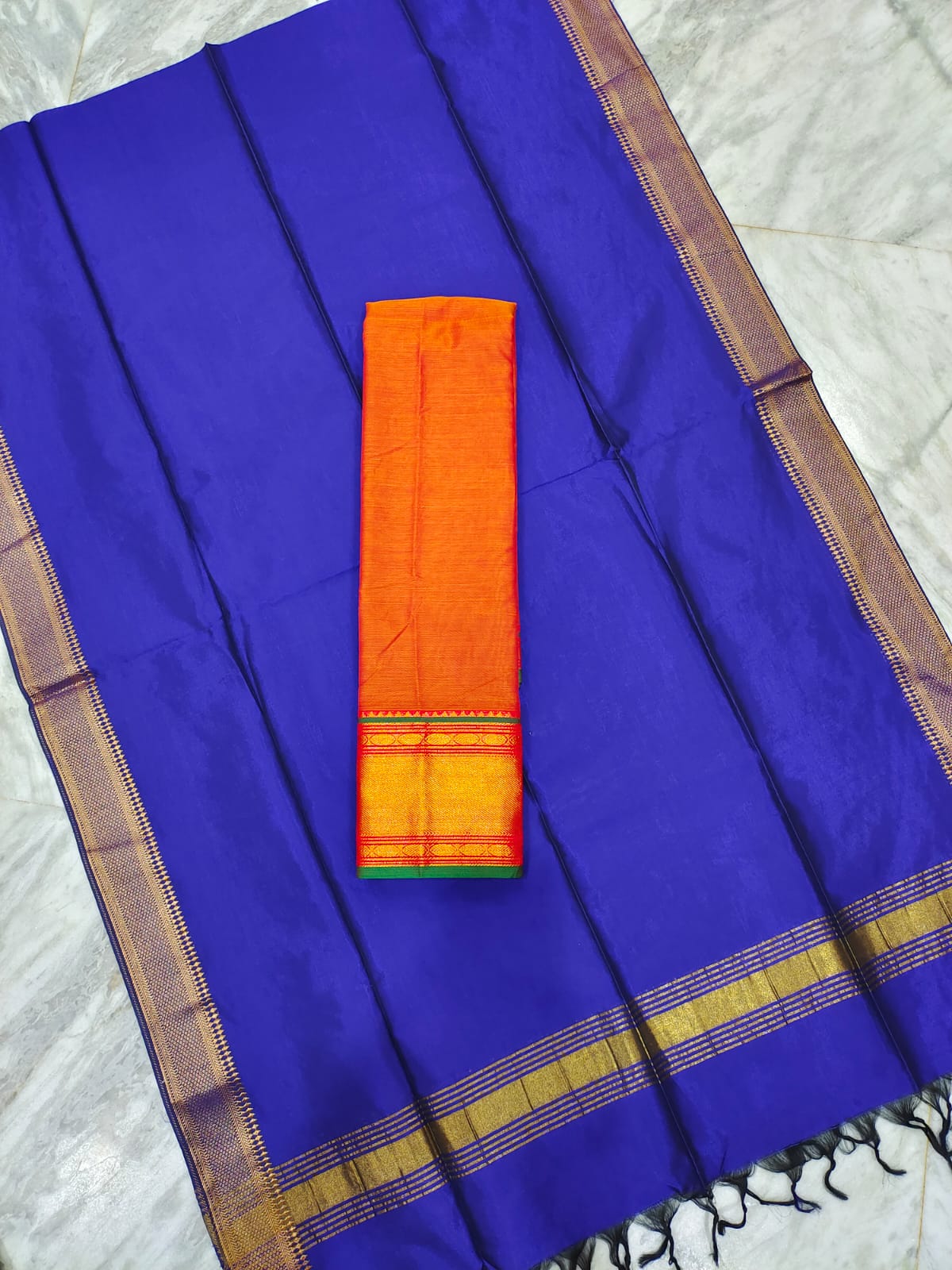 Mangalagiri pattu voni with zari border and cotton lehenga jacket set