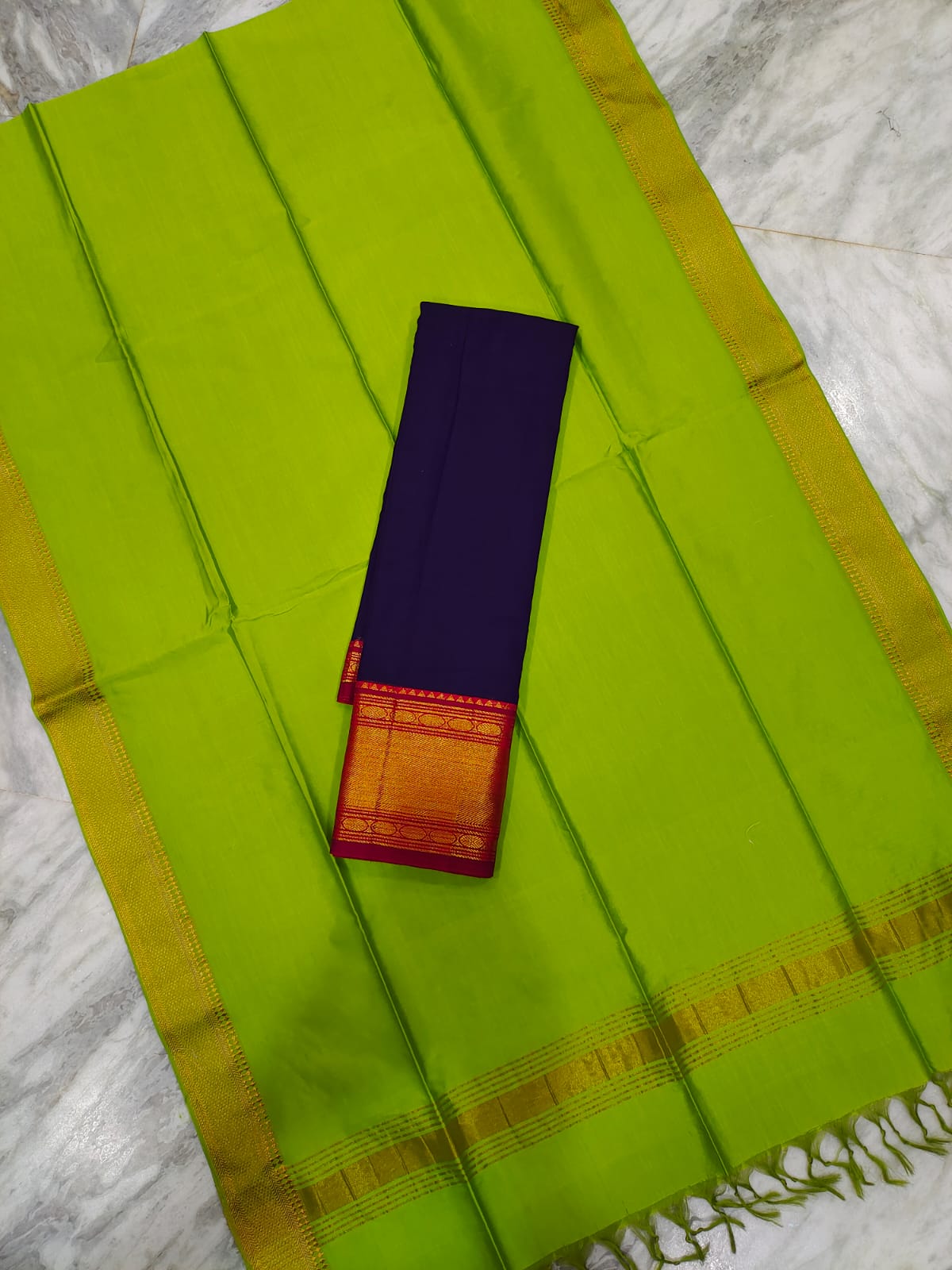 Mangalagiri pattu voni with zari border and cotton lehenga jacket set
