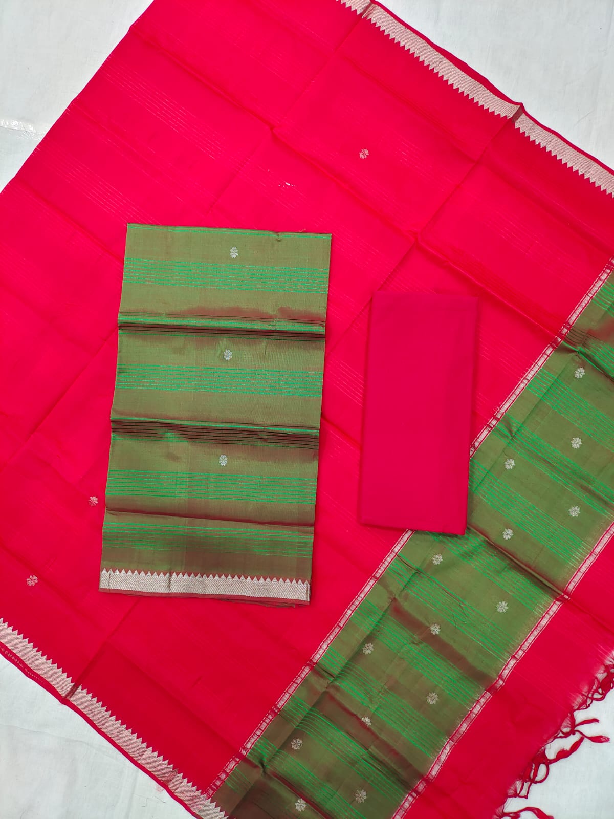 Mangalagiri pattu zari border zari buta work dress material set's (unstitched)