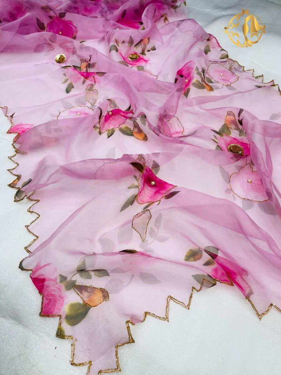 Organza handwork(khatli work) digital printed saree - Vannamayil Fashions