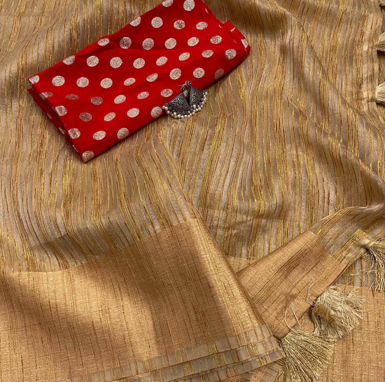 Organza silk with allover simple shiny zari slub with khadi pattu border saree - Vannamayil Fashions