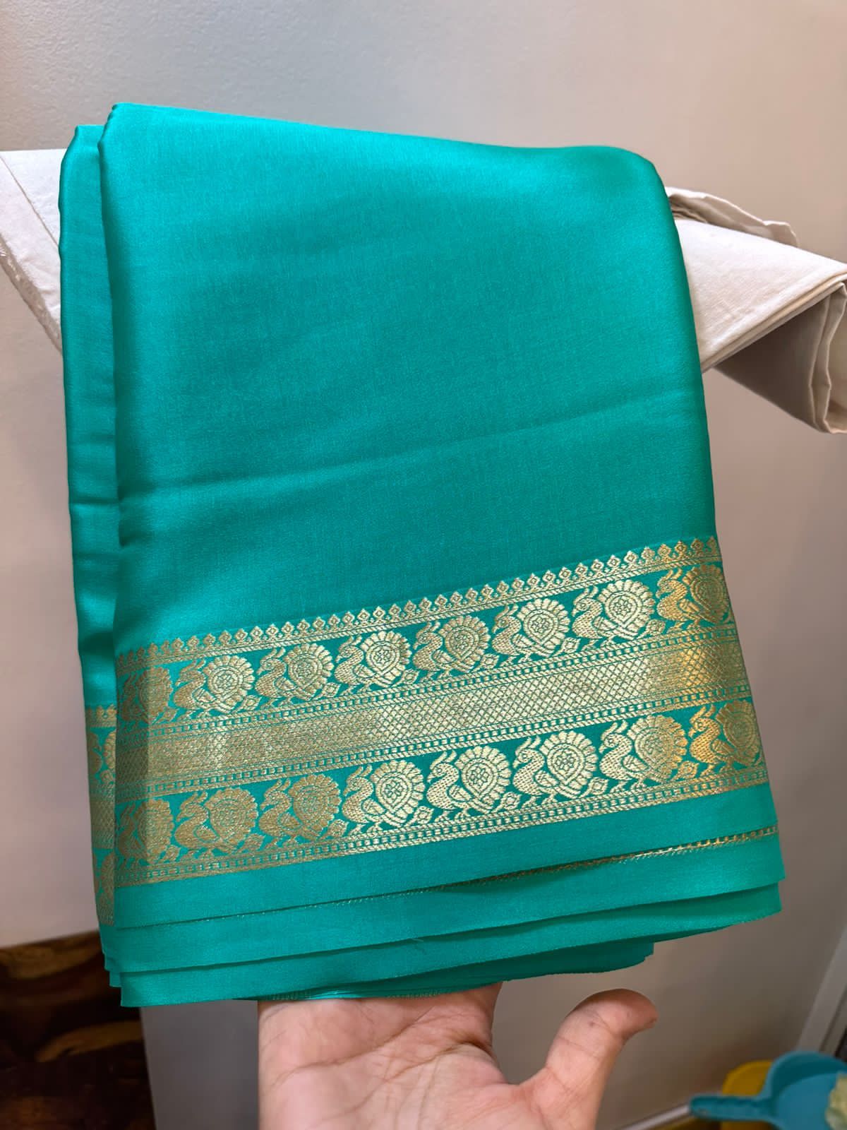 Pure mysore silk 100 gram thickness peacock border saree