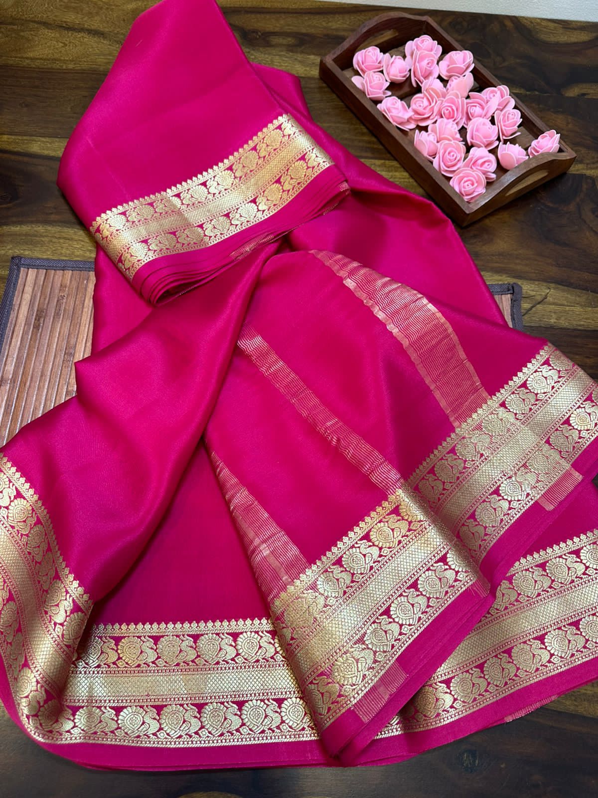Pure mysore silk 100 gram thickness peacock border saree