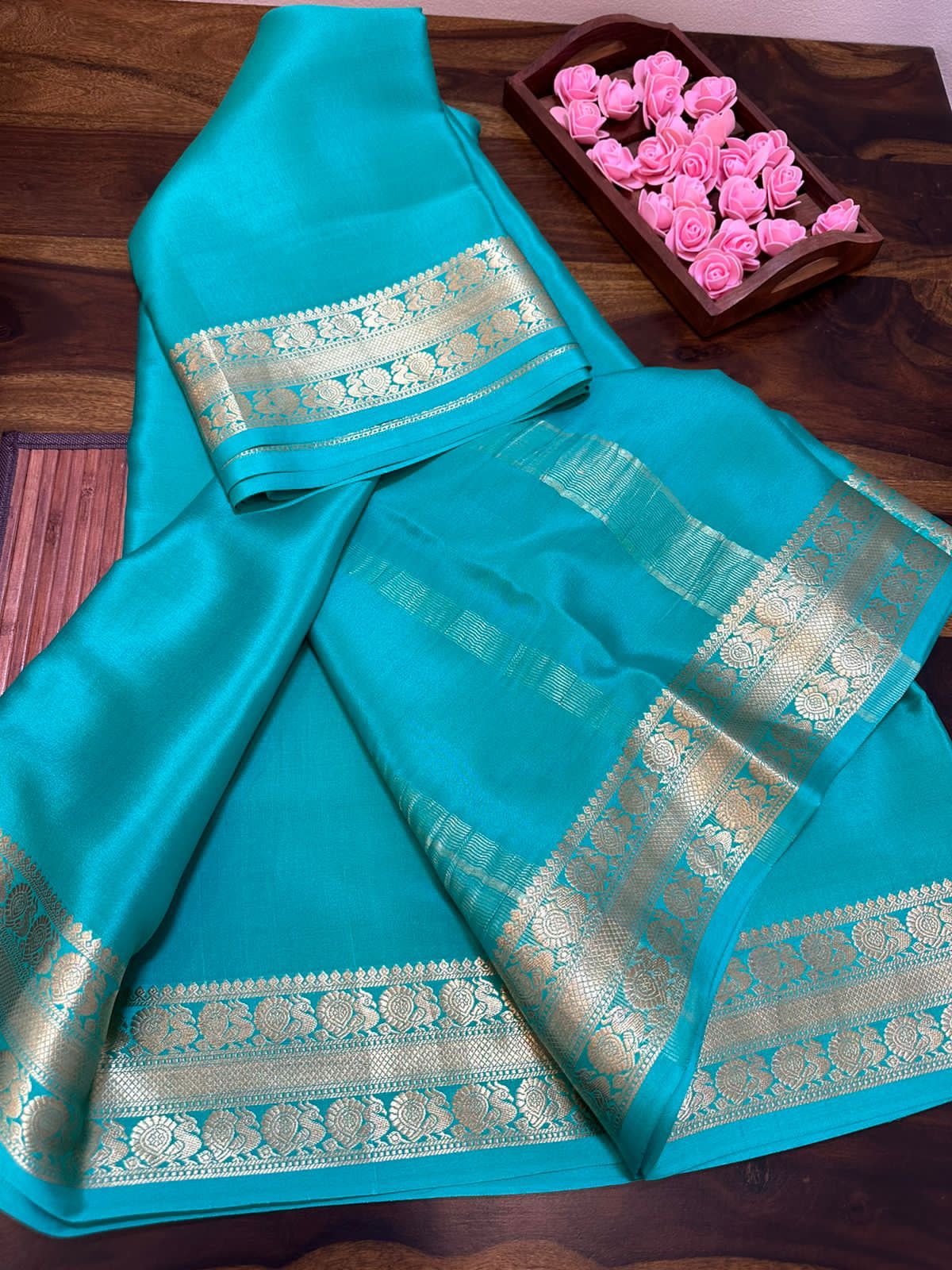 Pure mysore silk 100 gram thickness peacock border saree