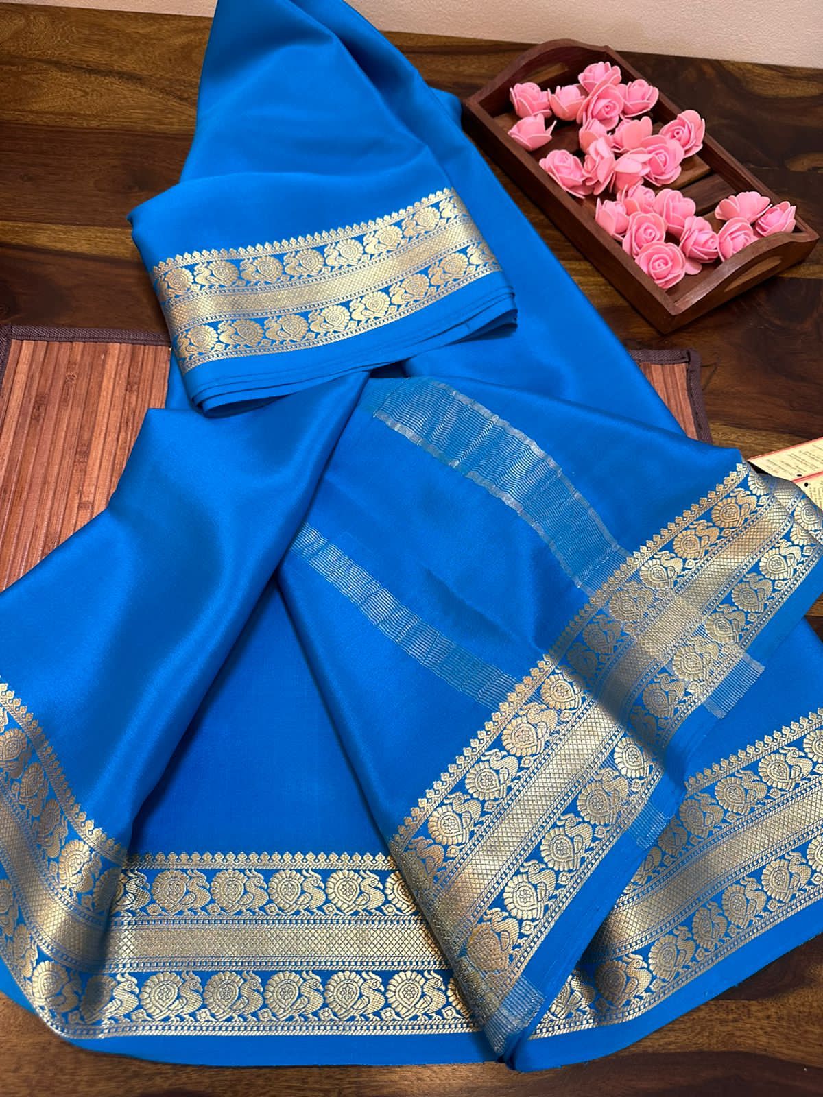 Pure mysore silk 100 gram thickness peacock border saree