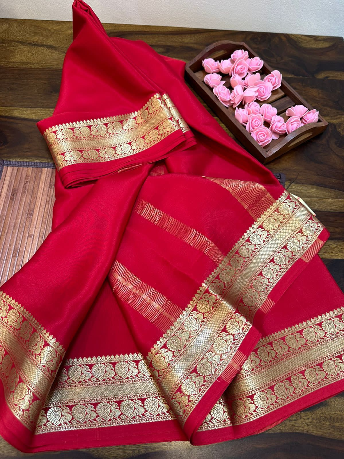 Pure mysore silk 100 gram thickness peacock border saree