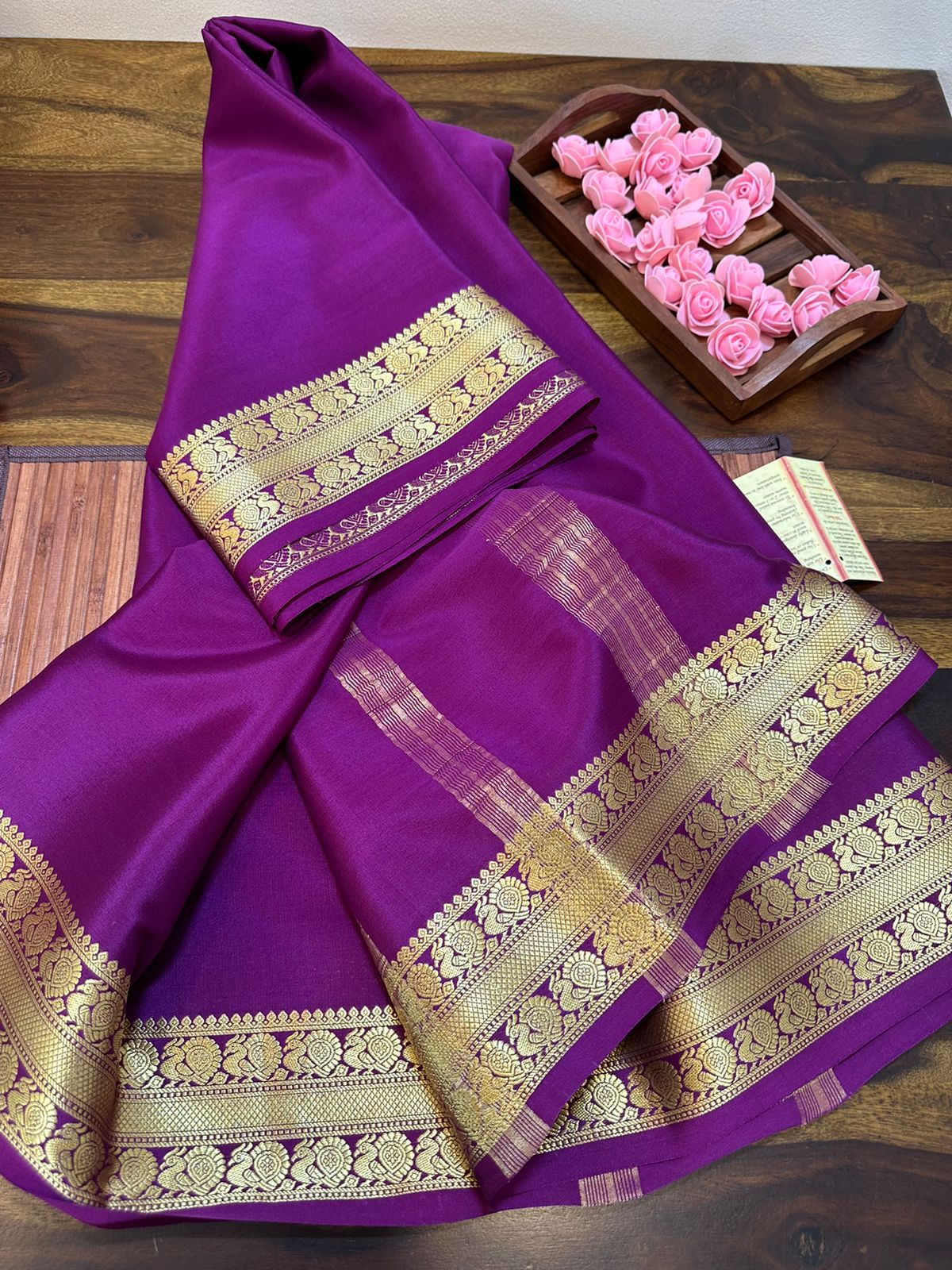 Pure mysore silk 100 gram thickness peacock border saree