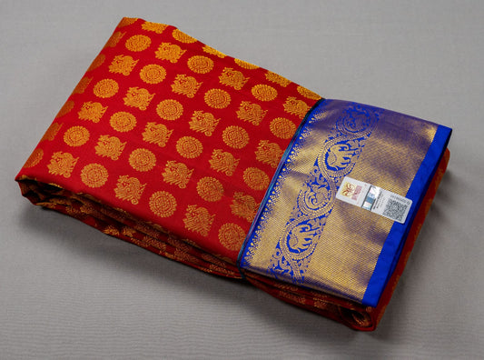 Pure silk handloom kanchipuram saree in red with royal blue saree
