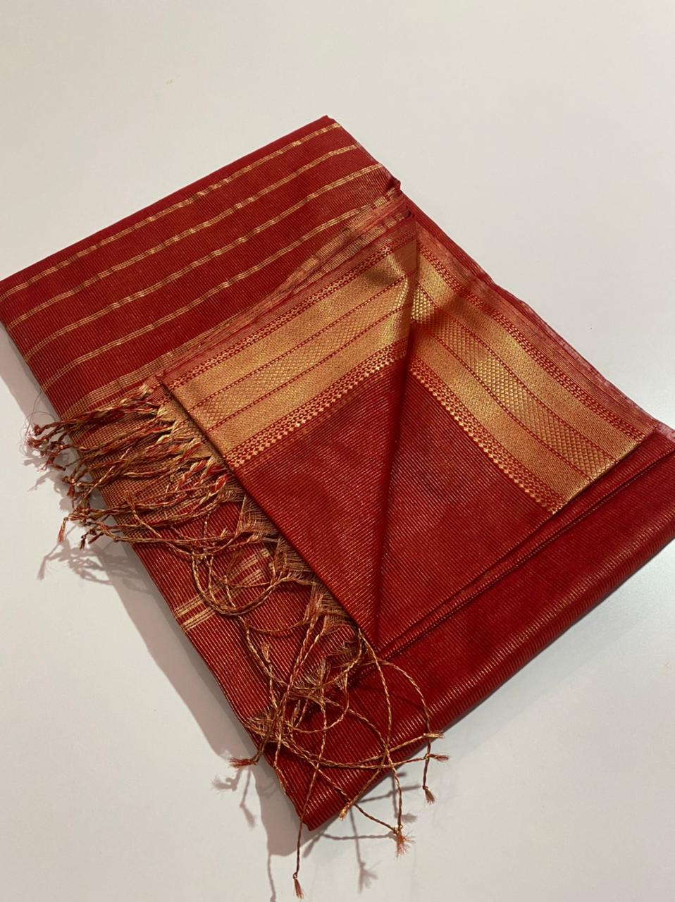 Tissue Maheshwari handwoven zari border silk by cotton saree - Vannamayil Fashions