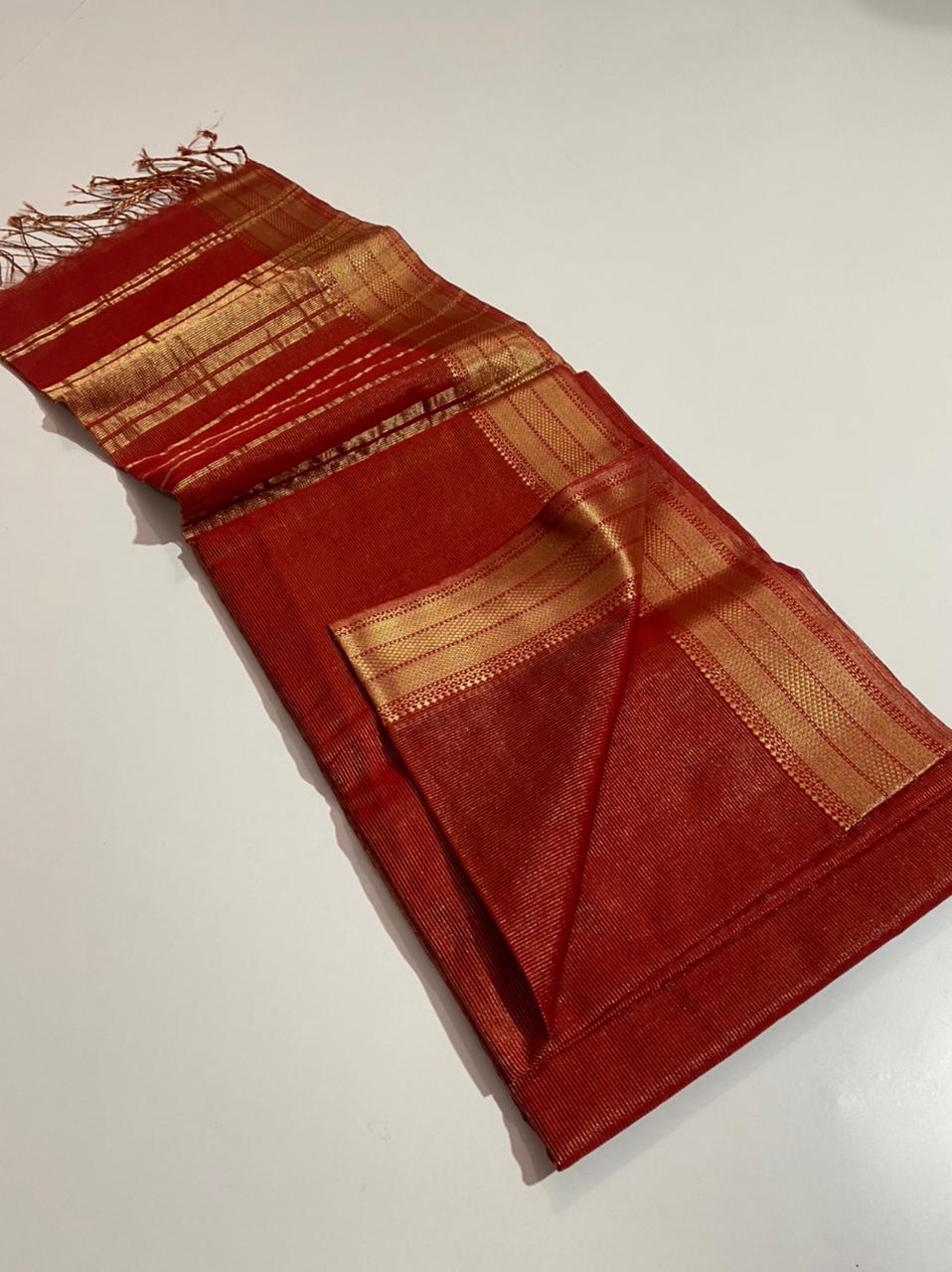 Tissue Maheshwari handwoven zari border silk by cotton saree - Vannamayil Fashions