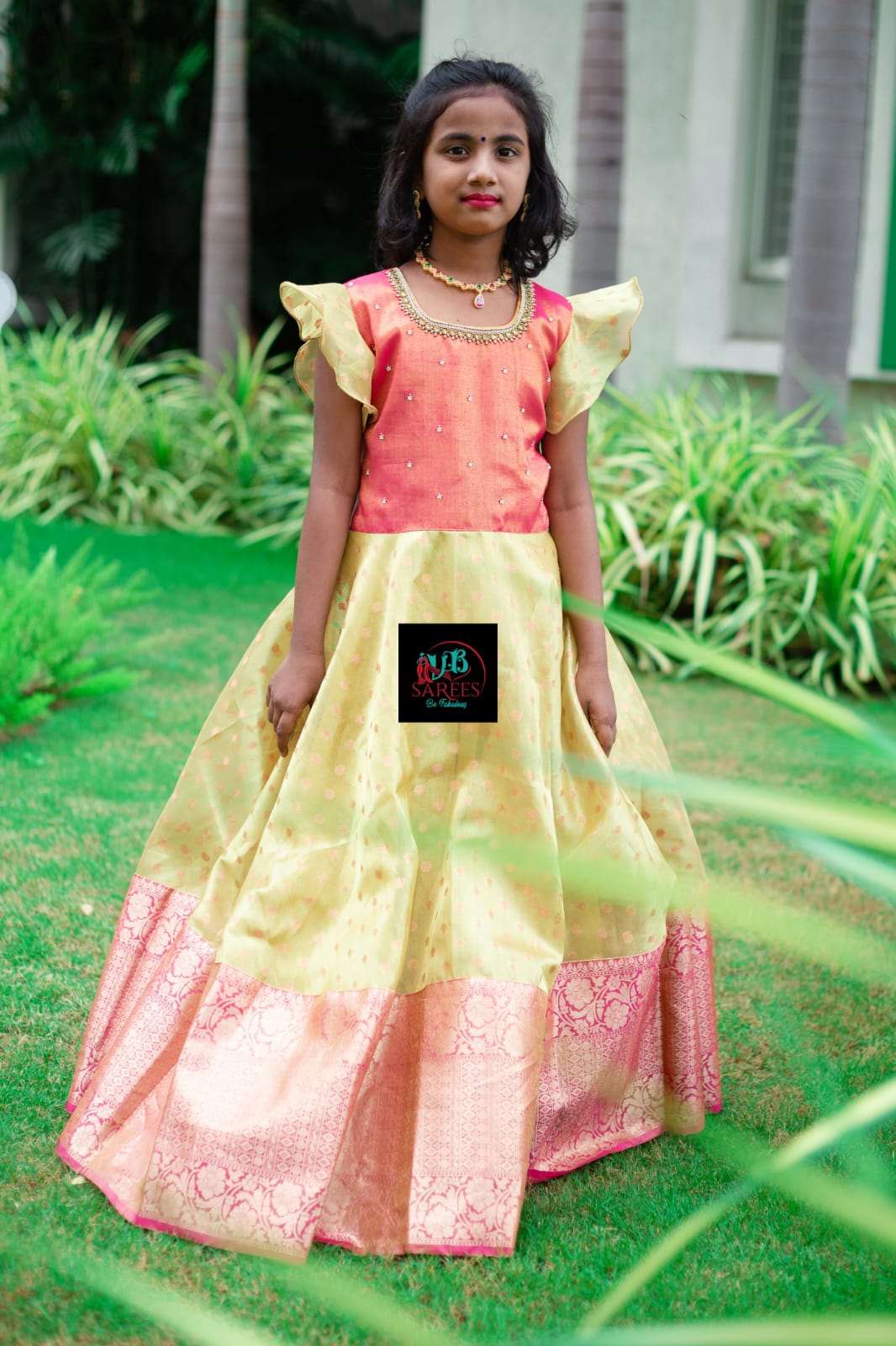 0 - 14 years Copper tissue zari long frock