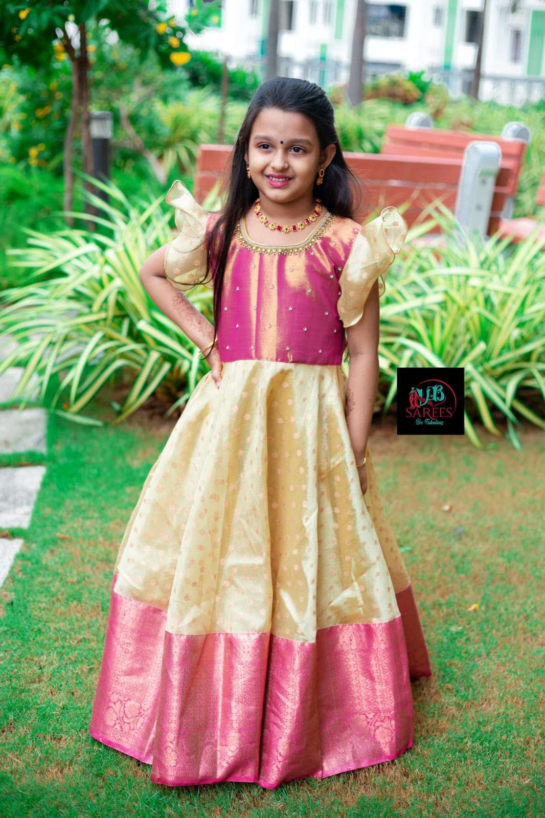 0 - 14 years Copper tissue zari long frock