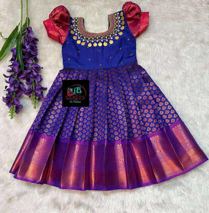 0 - 14 years Copper zari silk pattu frock with maggam work