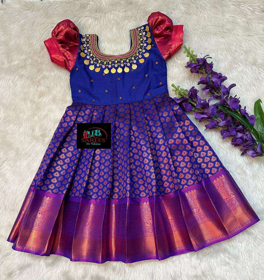 0 - 14 years Copper zari silk pattu frock with maggam work