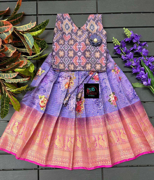 0 - 14 years Digital flower printed organza frock with ikkat tussar silk top