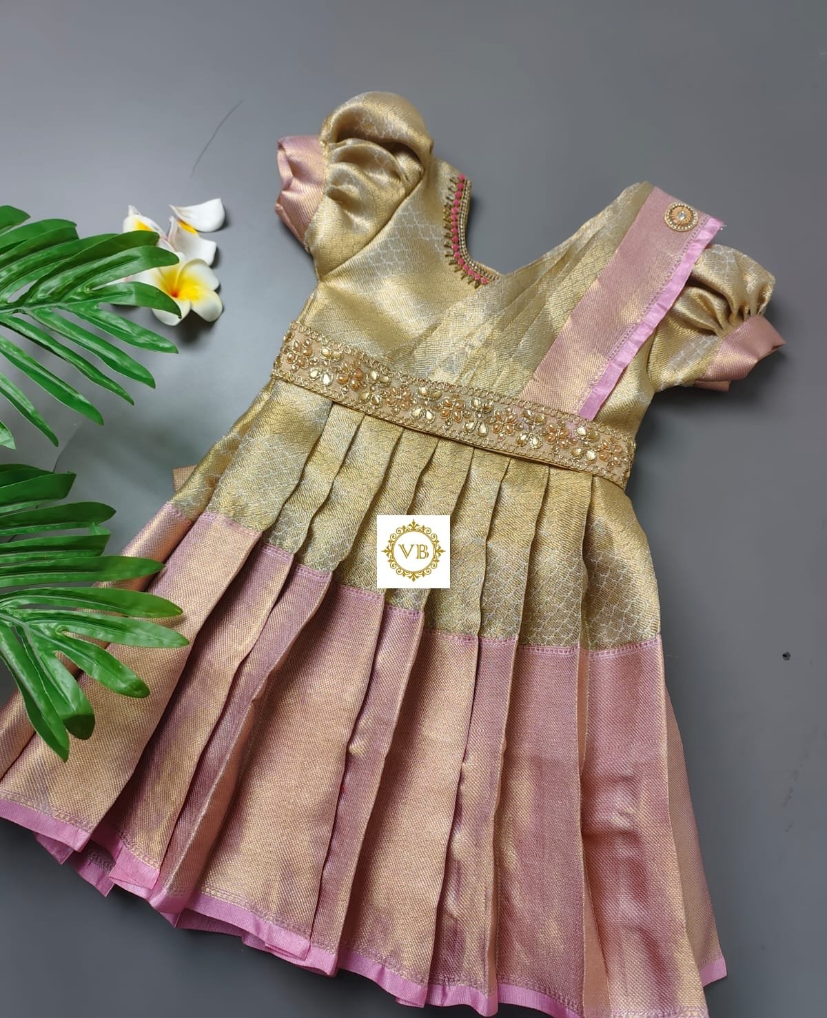 1 - 14 Years Gold Tissue Banarasi Frock With Kids Half Saree