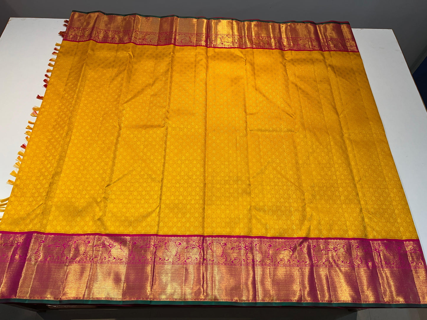 1 Gram Pure Zari Kanchipuram Mustard Yellow, Reddish Pink and Green Color Saree