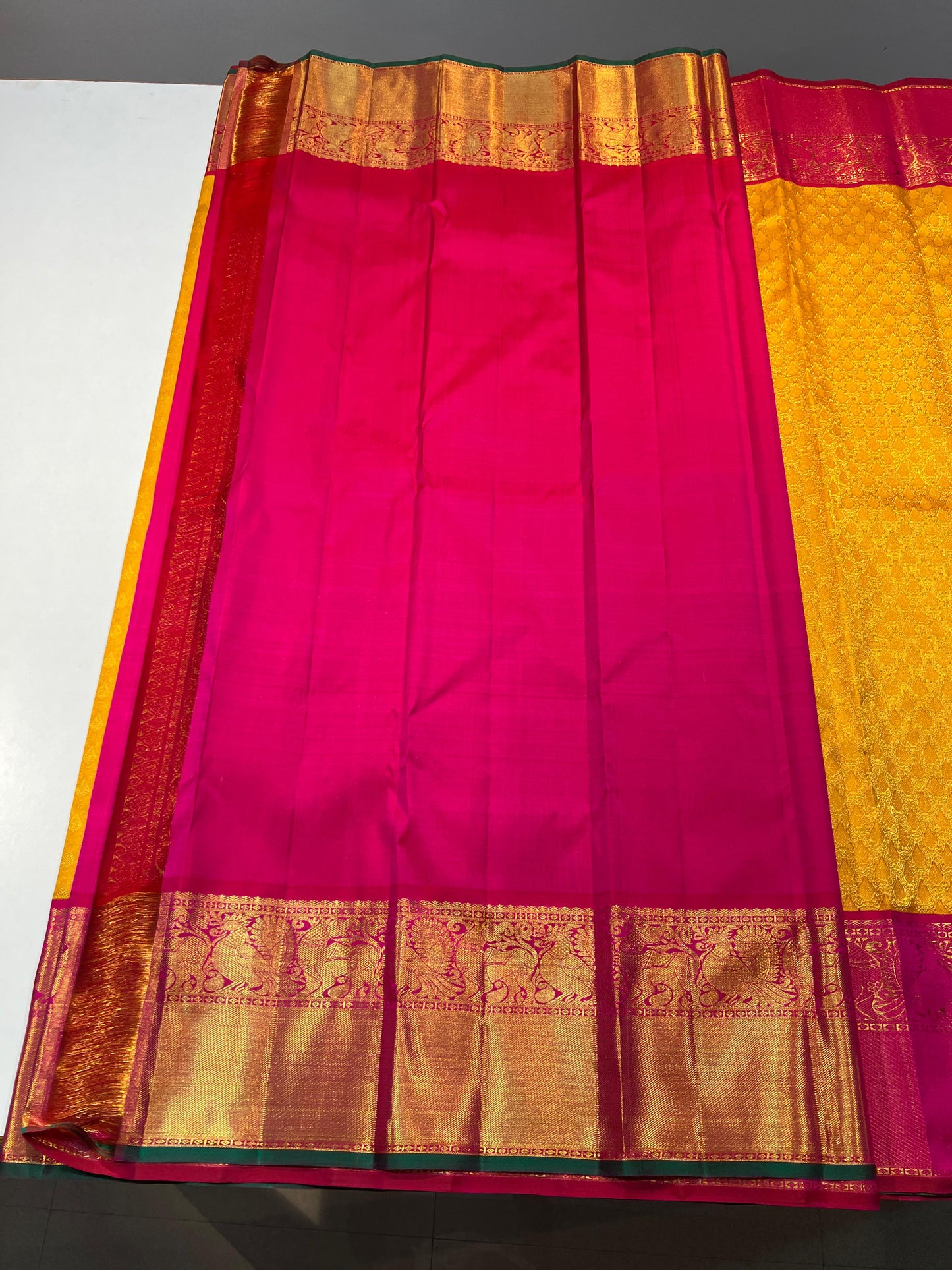 1 Gram Pure Zari Kanchipuram Mustard Yellow, Reddish Pink and Green Color Saree