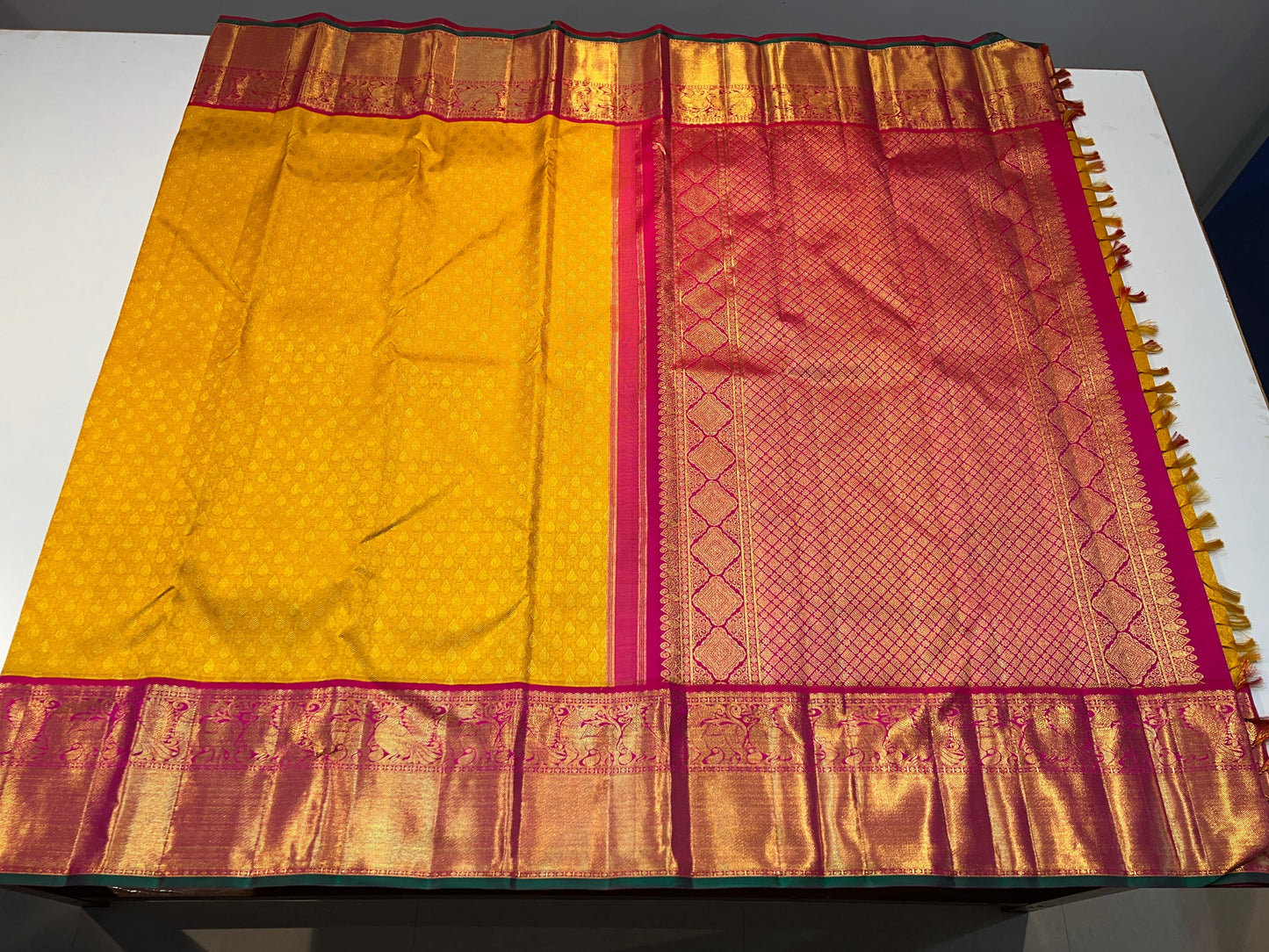 1 Gram Pure Zari Kanchipuram Mustard Yellow, Reddish Pink and Green Color Saree