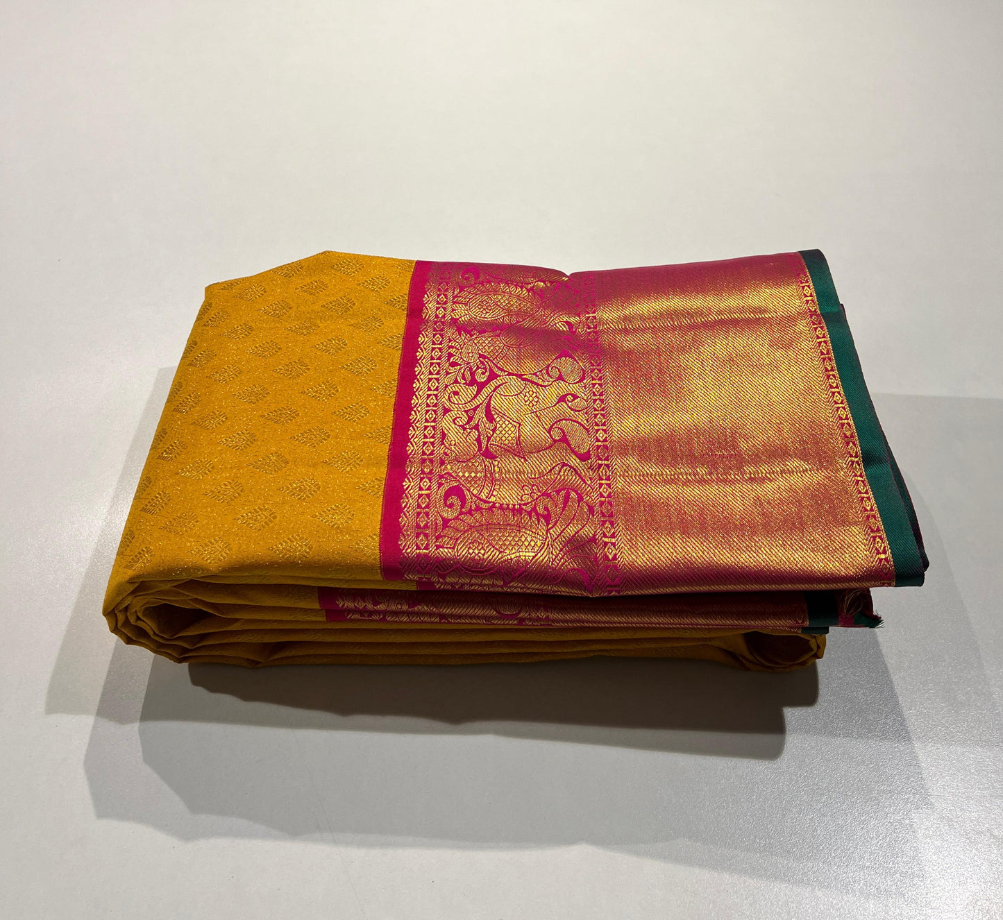 1 Gram Pure Zari Kanchipuram Mustard Yellow, Reddish Pink and Green Color Saree