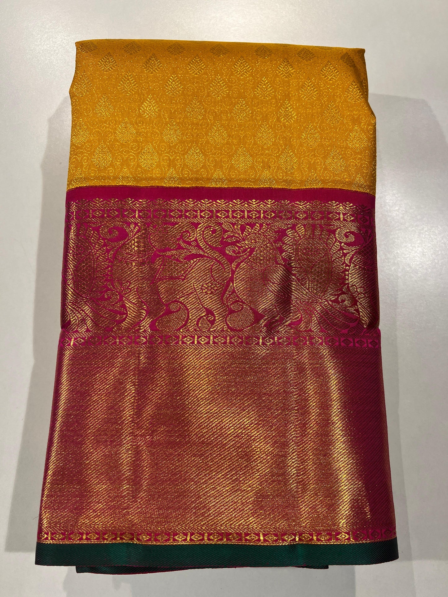 1 Gram Pure Zari Kanchipuram Mustard Yellow, Reddish Pink and Green Color Saree