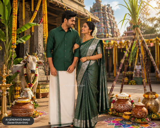 Semi Silk Saree & Cotton Dhoti Shirt - Couple Combo Set