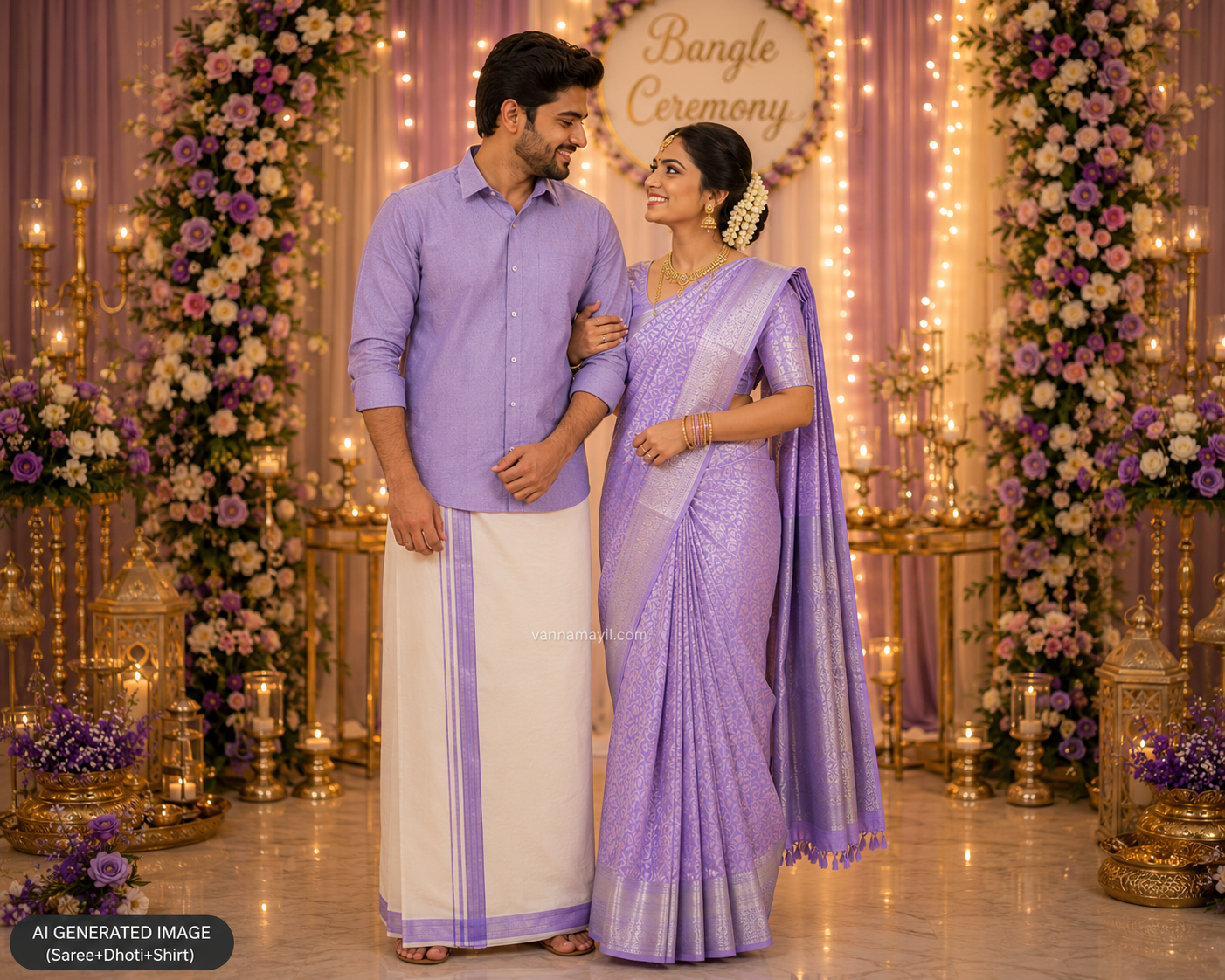 Semi Silk Saree & Cotton Dhoti Shirt - Couple Combo Set